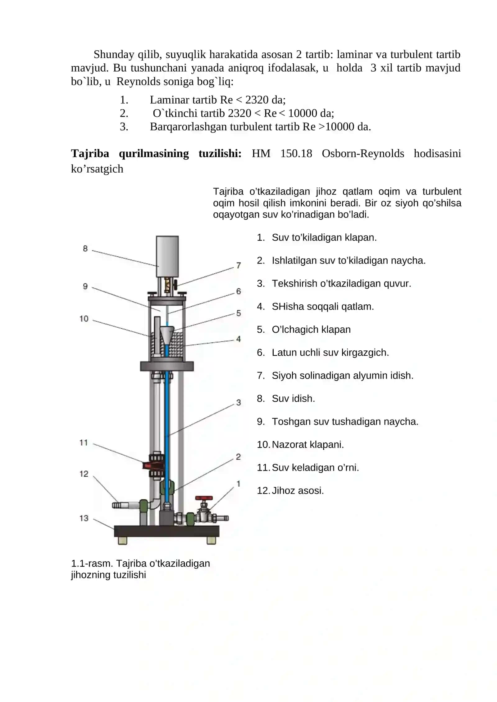 REYNOLDS TAJRIBASI. Suyuqlik harakat tartibini o’rganish usullari 3