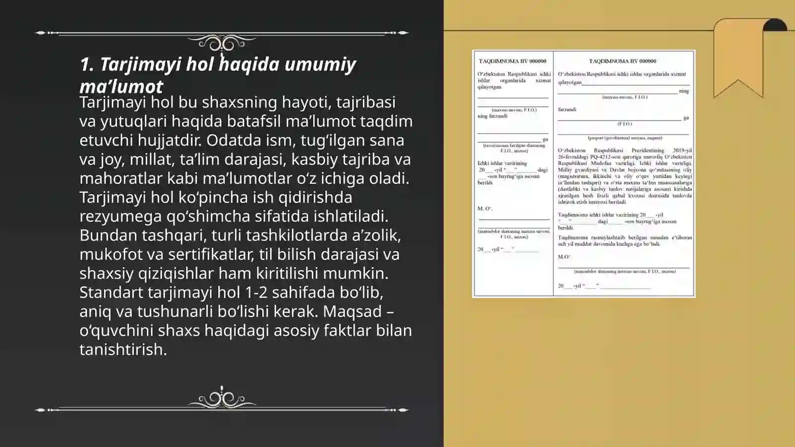 Tarjimayi hol, tushintirish xati va tilxat haqida maʼlumot va ularning yozilish tartibi 3