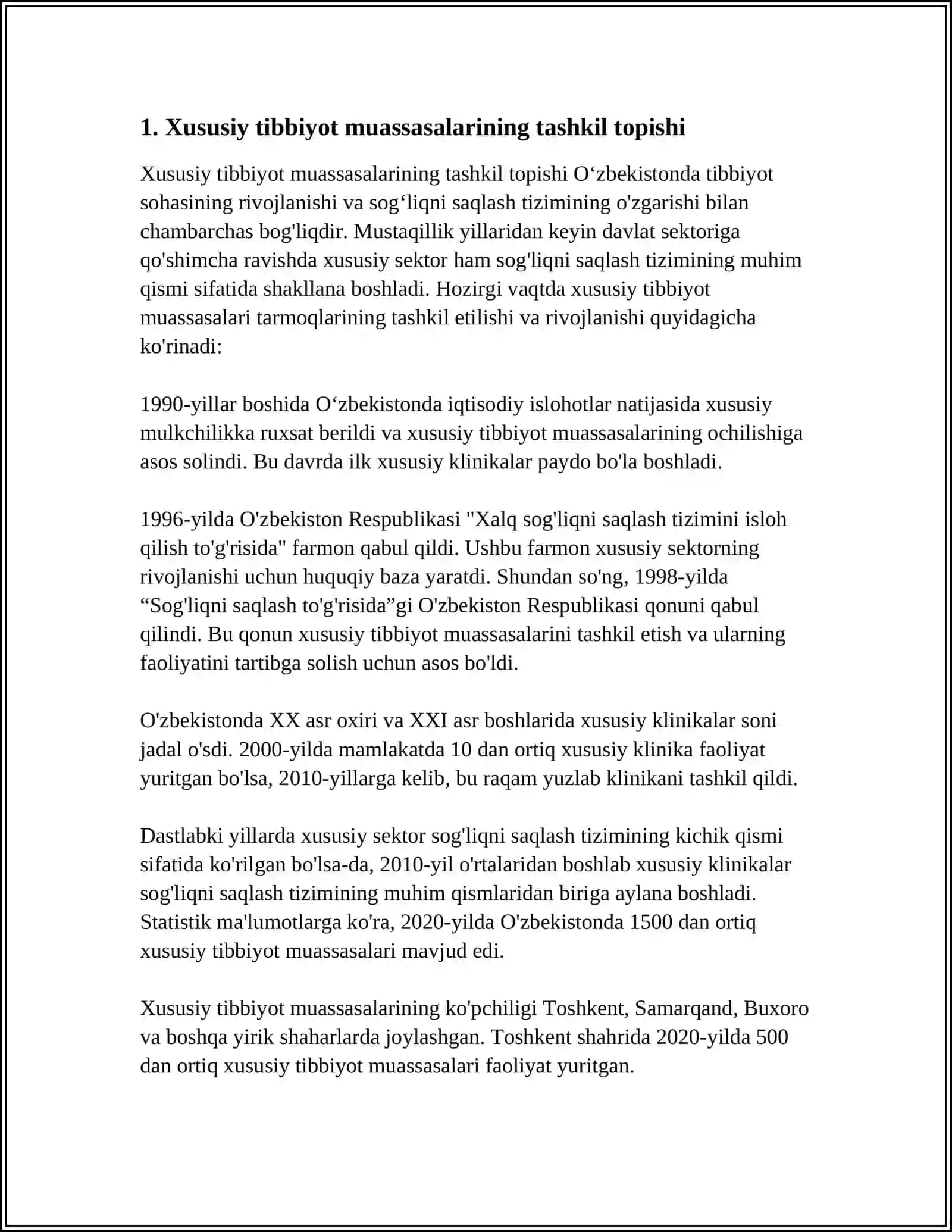 O‘ZBEKISTONDA TIBBIYOTTA XUSUSIY SEKTORNING TASHKIL TOPISHI 3