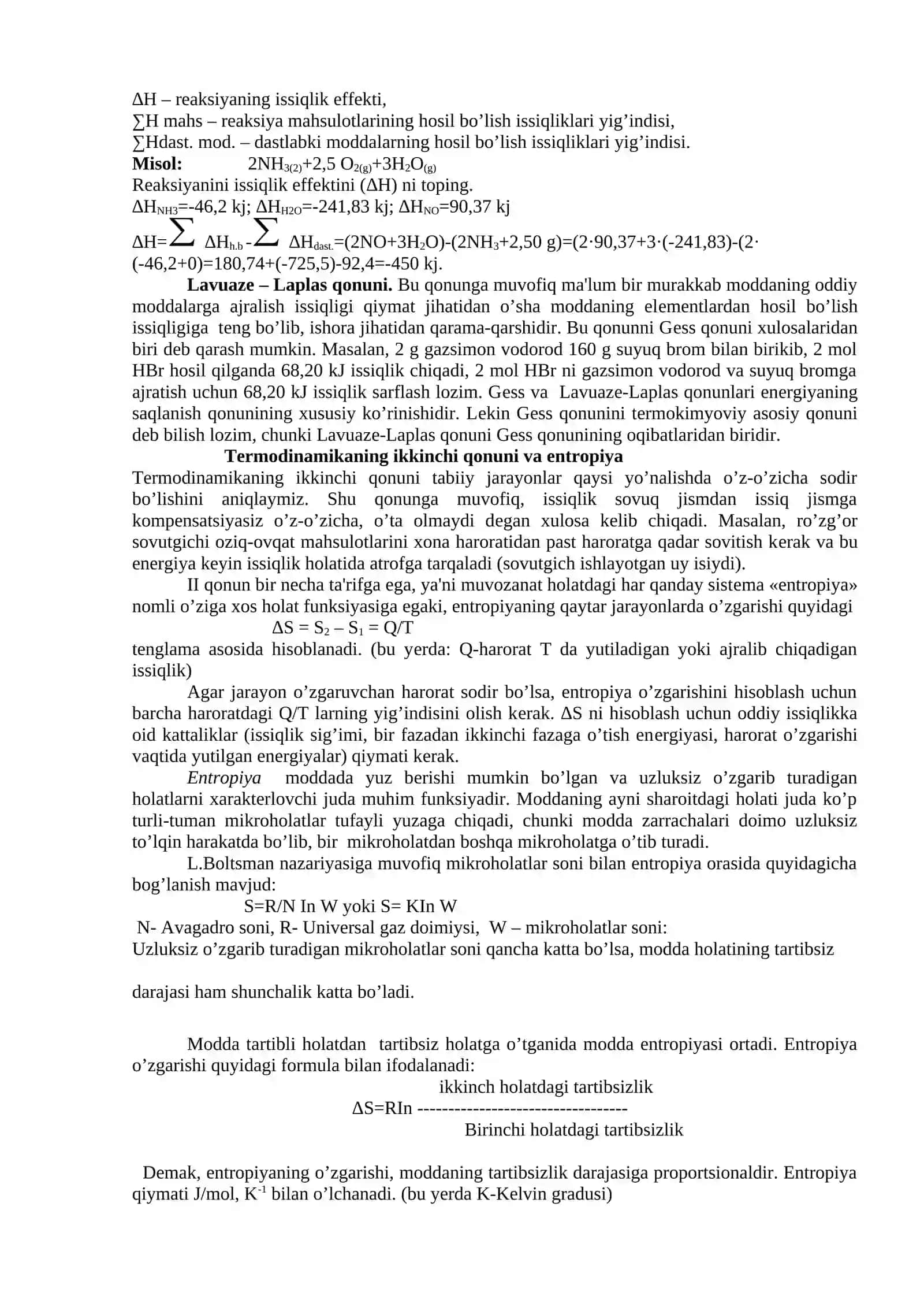 Moddaning ichki energiyasi va termokimyoviy jarayonlar 3