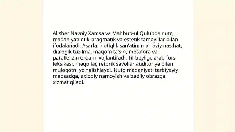 Alisher Navoiy ijodida nutq madaniyati va notiqlik sanʼati masalalari tahlili: "Xamsa" va "Mahbub-ul Qulub" asarlari misolida 3