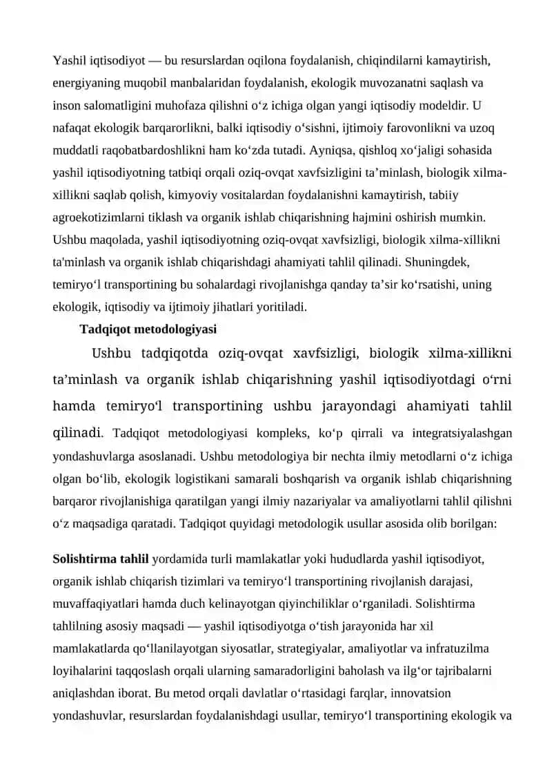 OZIQ-OVQAT XAVFSIZLIGI, BIOLOGIK XILMA-XILLIKNI TA’MINLASH VA ORGANIK ISHLAB CHIQARISHDA YASHIL IQTISODIYOTNING AHAMIYATI 3