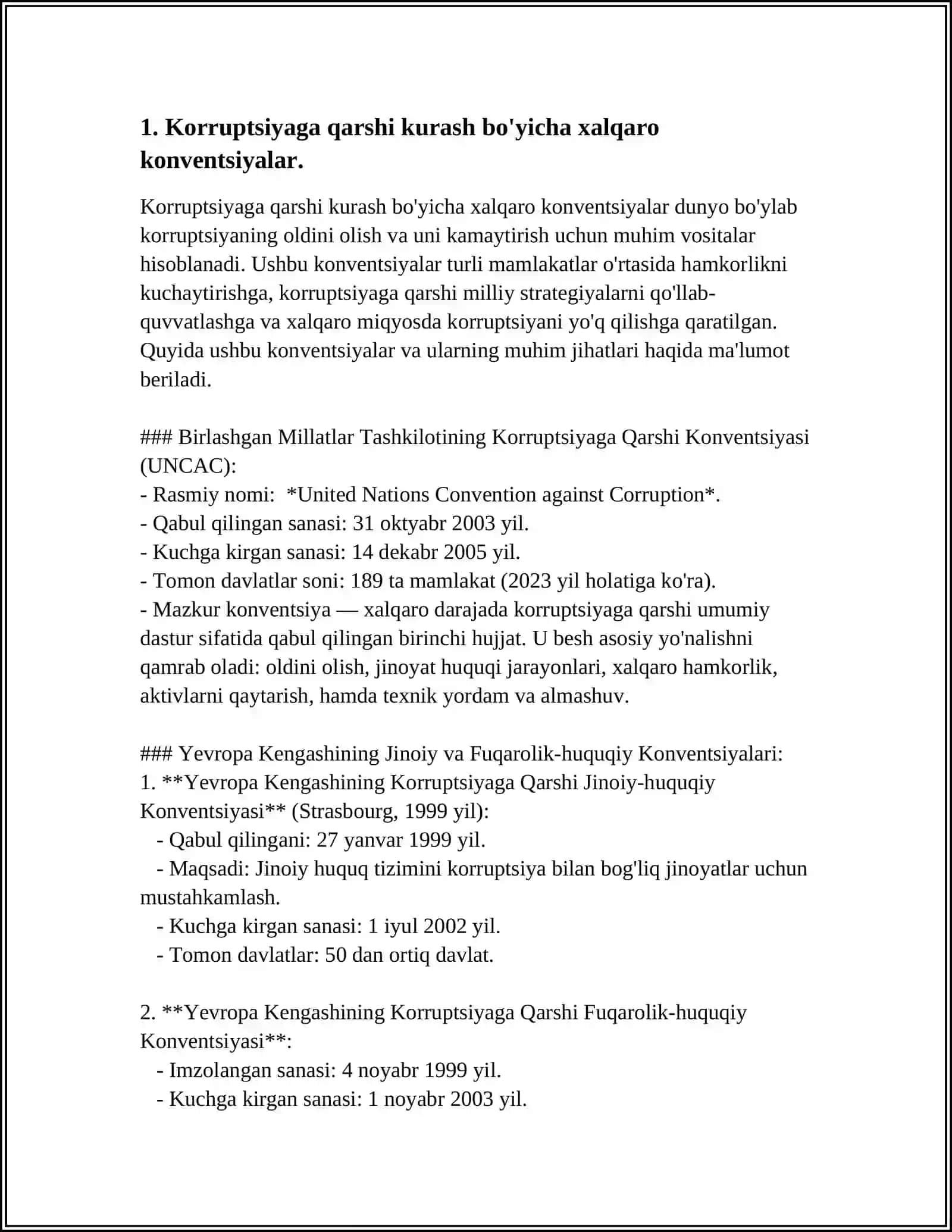 KORRUPSIYAGA QARSHI KURASH BO'YICHA XALQARO QUNUNLAR VA QARORLARNING O'ZBEKISTONDA RATIFIKATSIYA QILISHNING AHAMIYATI 3