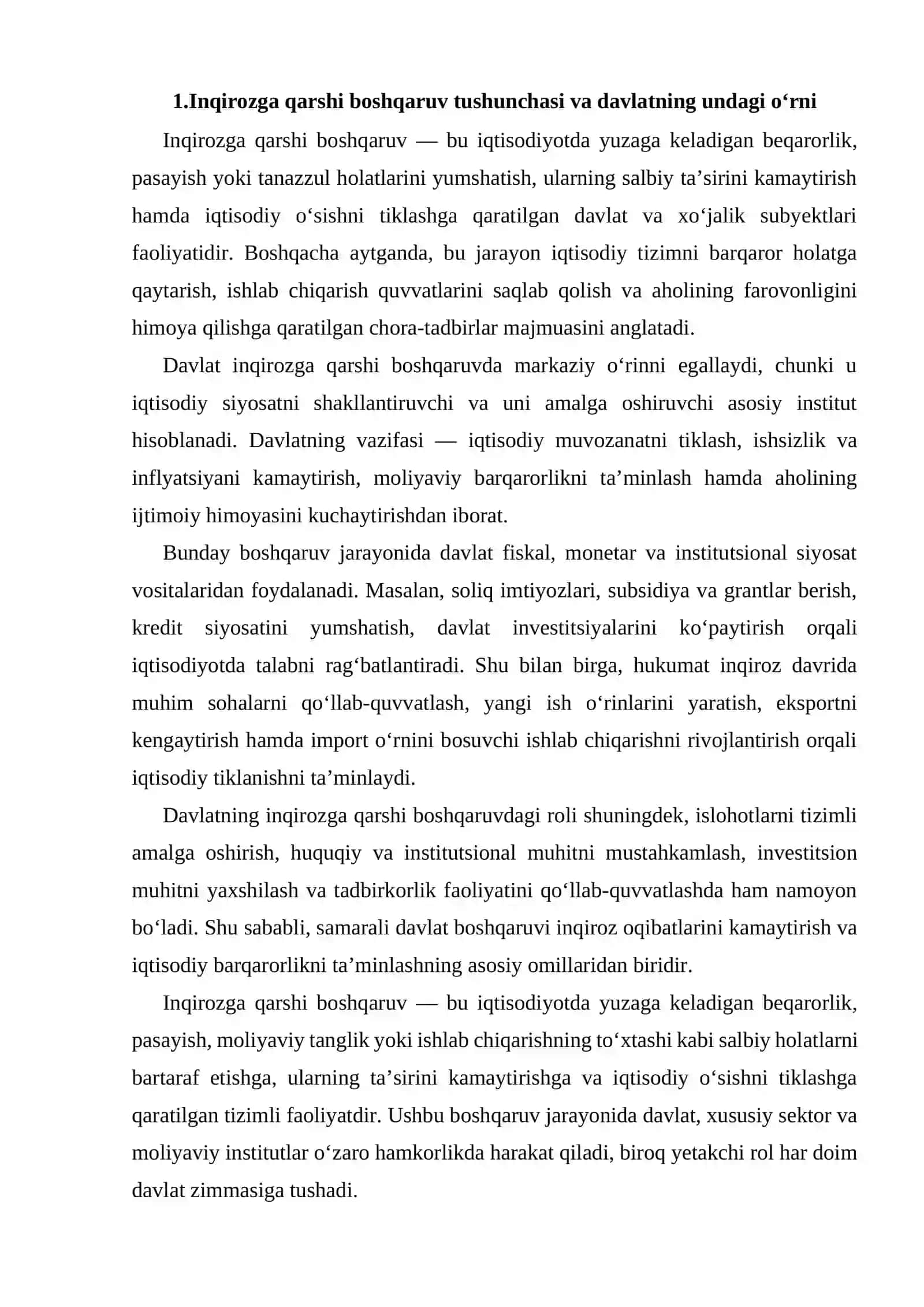 Inqirozga qarshi boshqaruvda davlatning ahamiyati va davlat tomonidan amalga oshiriladigan chora-tadbirlarni xorijiy mamlakat yoki milliy iqtisodiyot tajribasi asosida yoritish 3