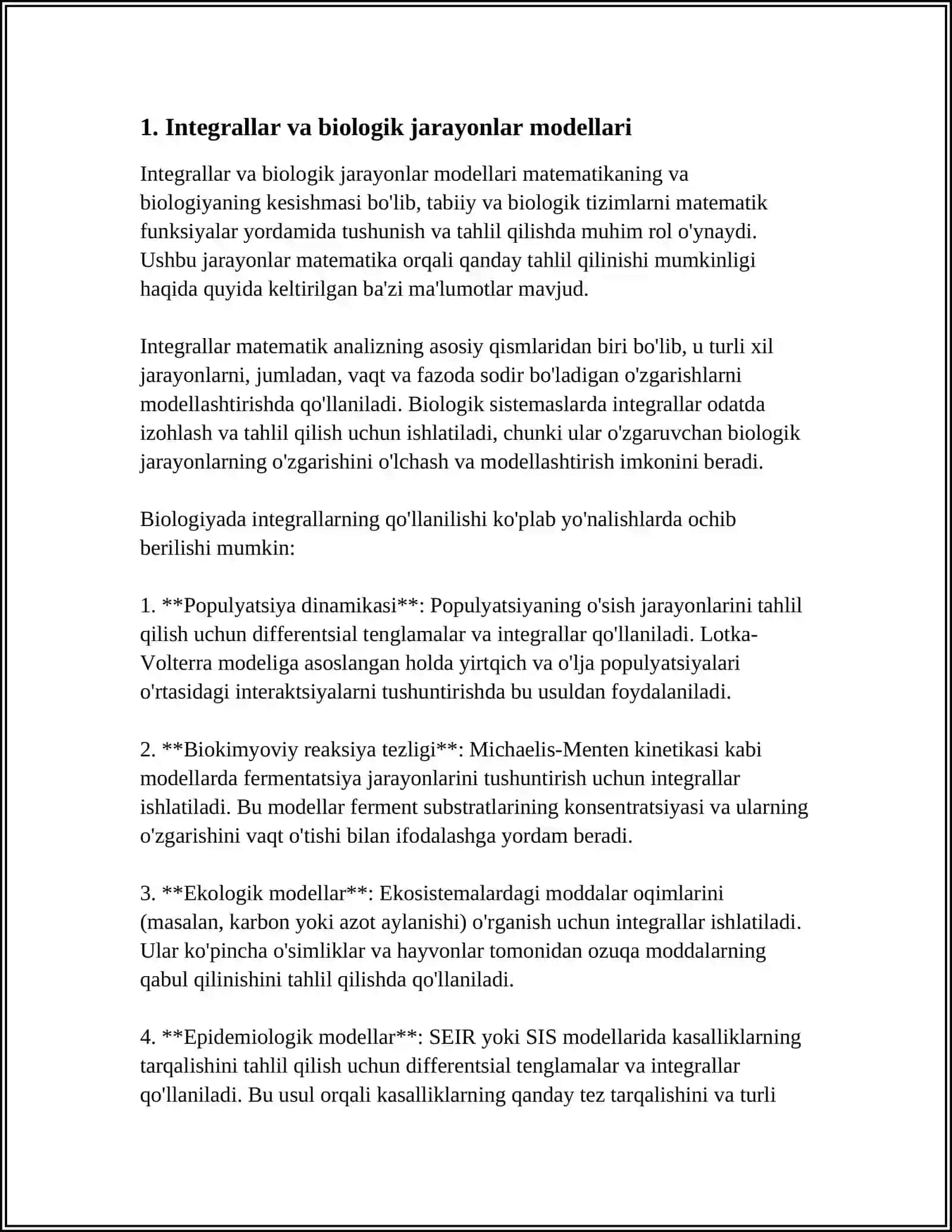BIOLOGIK JARAYONLARNIMODELLASHTRISHDAINTEGRAL TADBIQLARI 3
