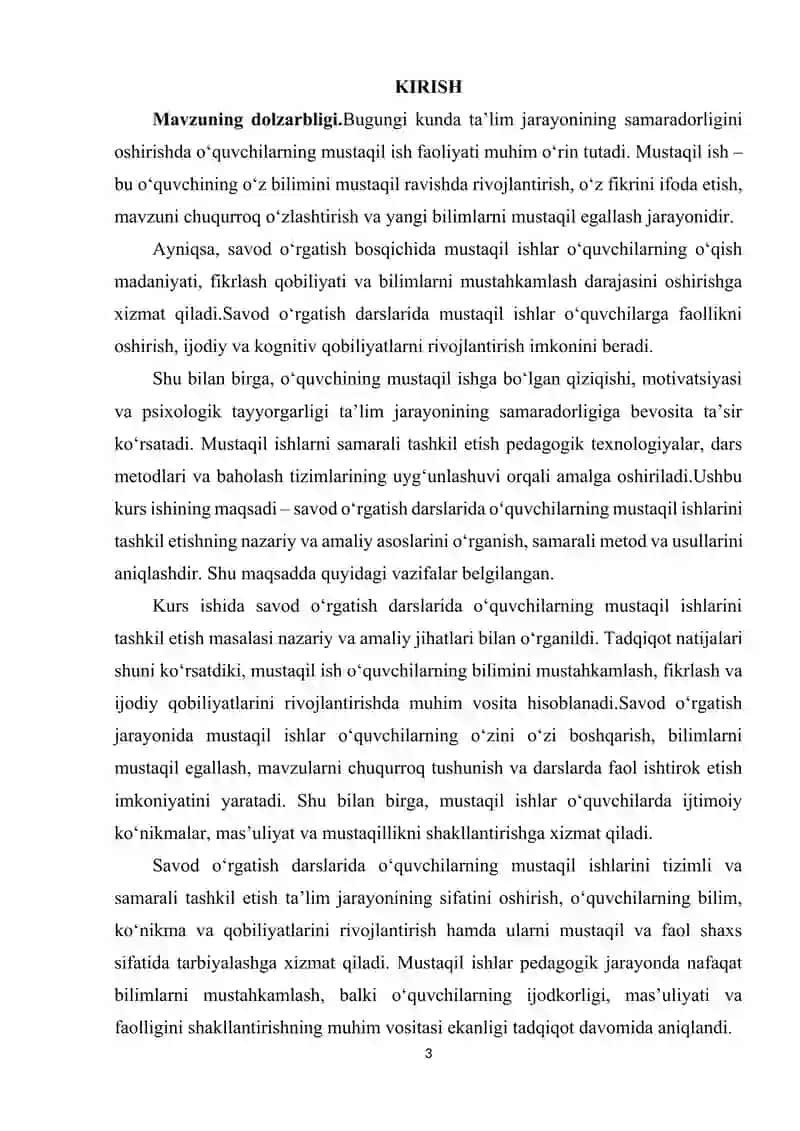 SAVOD O‘RGATISH DARSLARIDA O‘QUVCHILARNING MUSTAQIL ISHLARINI TASHKIL ETISH. 3