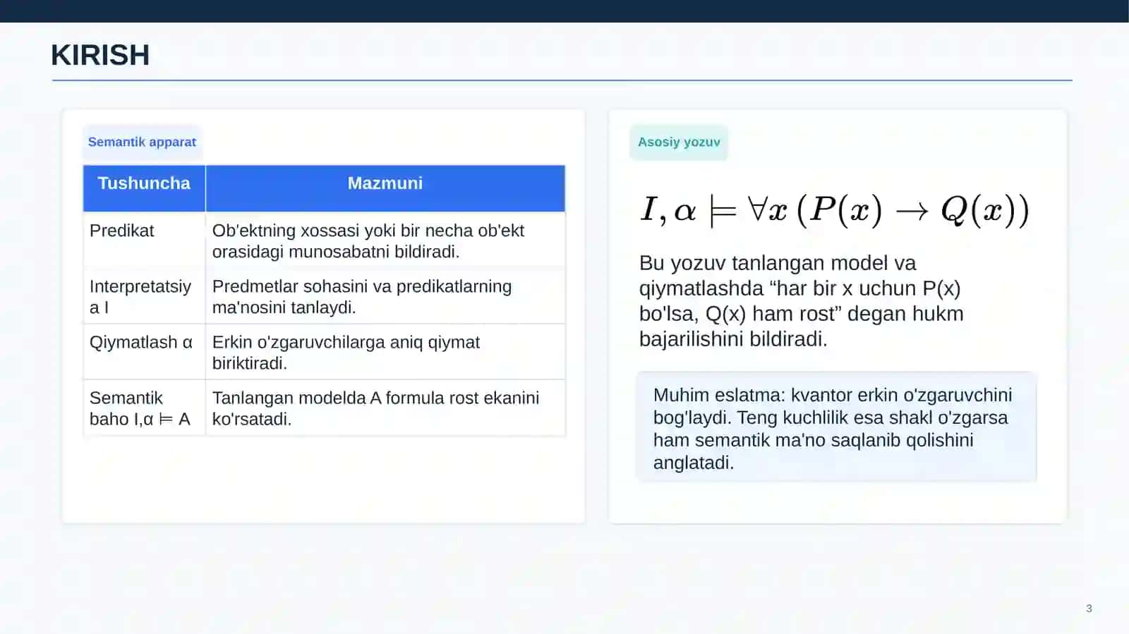 Predikatlar algebra formulalarining teng kuchliligi 3