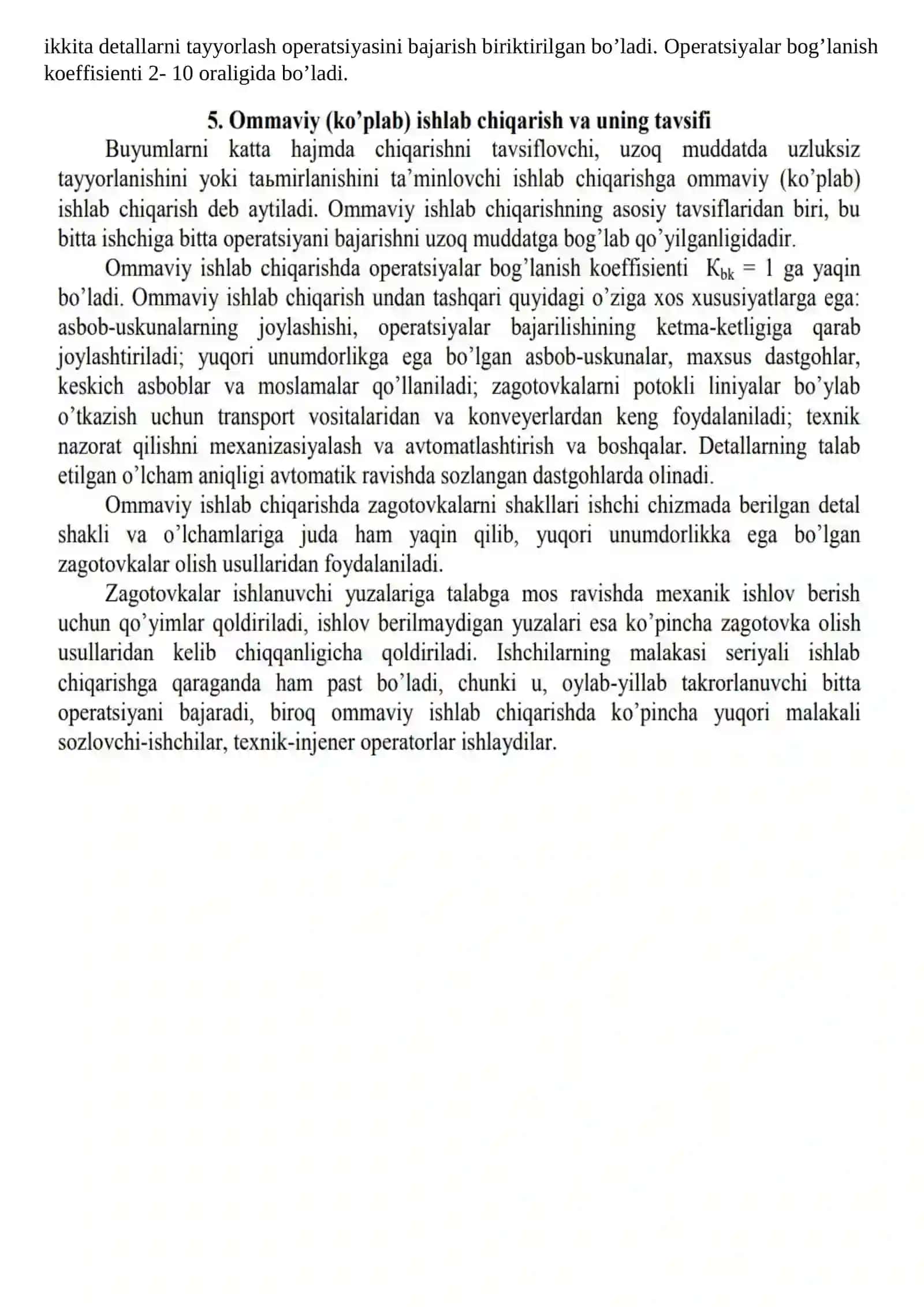 3-Ma’ruza. Mashinasozlik sohalarida ishlab chiqarish turlari. Texnologik asoslangan vaqt me’yori uslublari 3