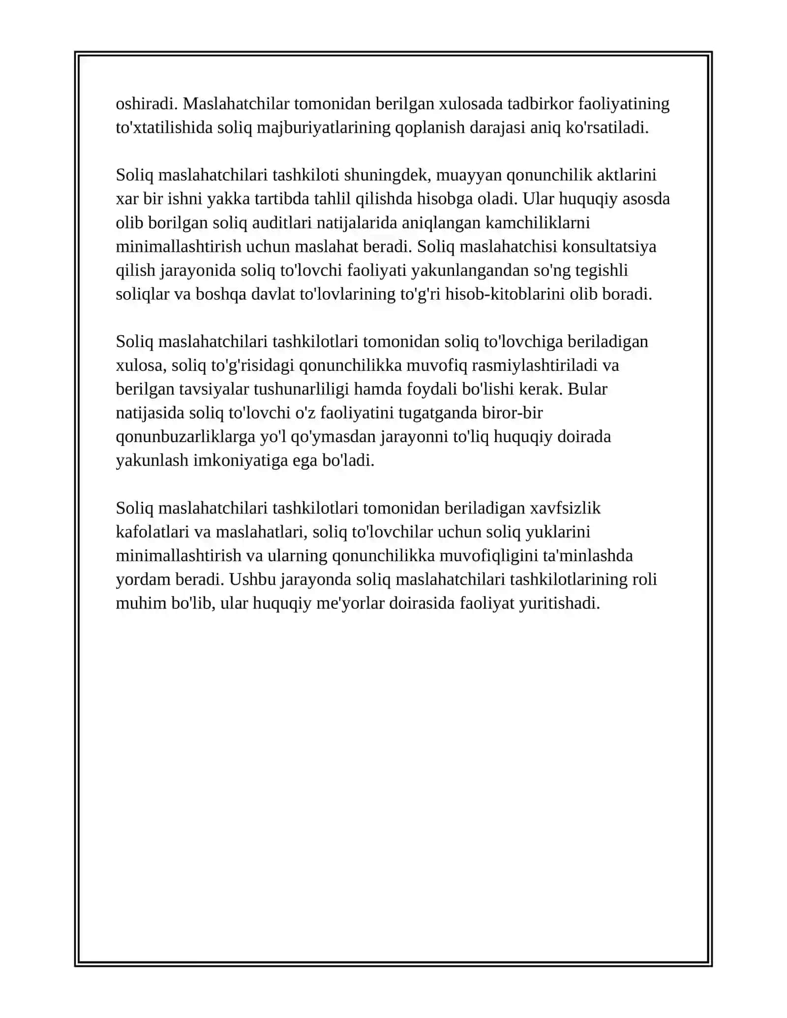 SOLIQ TO'LOVCHILAR IXTIYORIY TUGATILGANDA SOLIQ MASLAXATCHILARI TASHKILOTLARI TOMONIDAN SOLIQLARGA DOIR XULOSALARNI BERISH TARTIBI 3