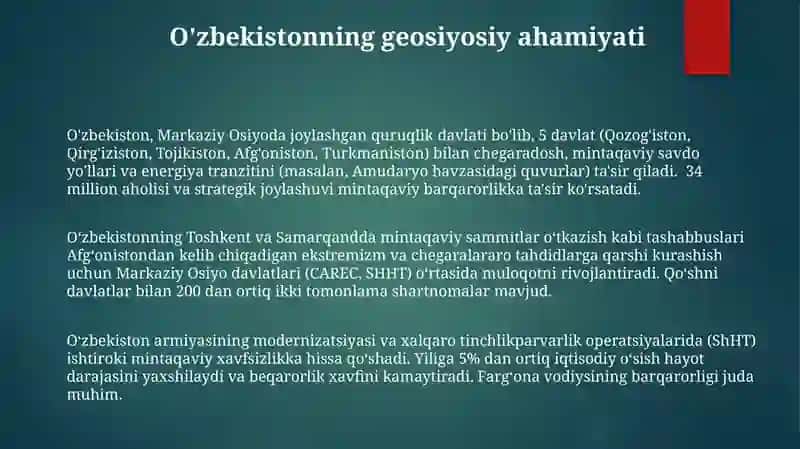O'zbekistonning Markaziy Osiyodagi tinchlik va barqarorlikni ta’minlashdagi o’rni 3