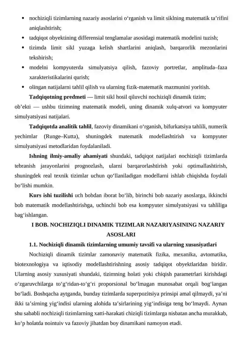 Limit sikl hosil boladigan nochiziqli tizimni modellashtirish 3