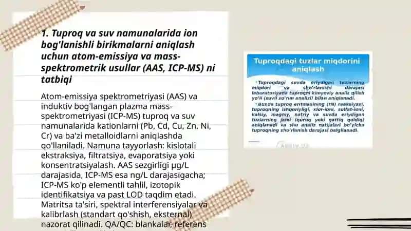 Tuproq va suvning ifloslanishida ion bog‘lanishli birikmalarni aniqlash 3