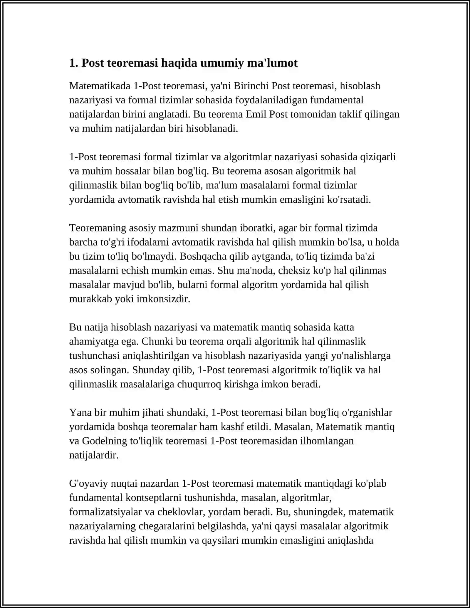 MUSTAQIL ISH Mavzu: POST TEOREMASI VA UNING NATIJALARI 3