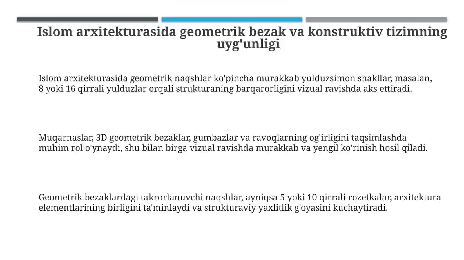 Islom arxitekturasida geometrik bezak va konstruktiv tizim uygʻunligi 3
