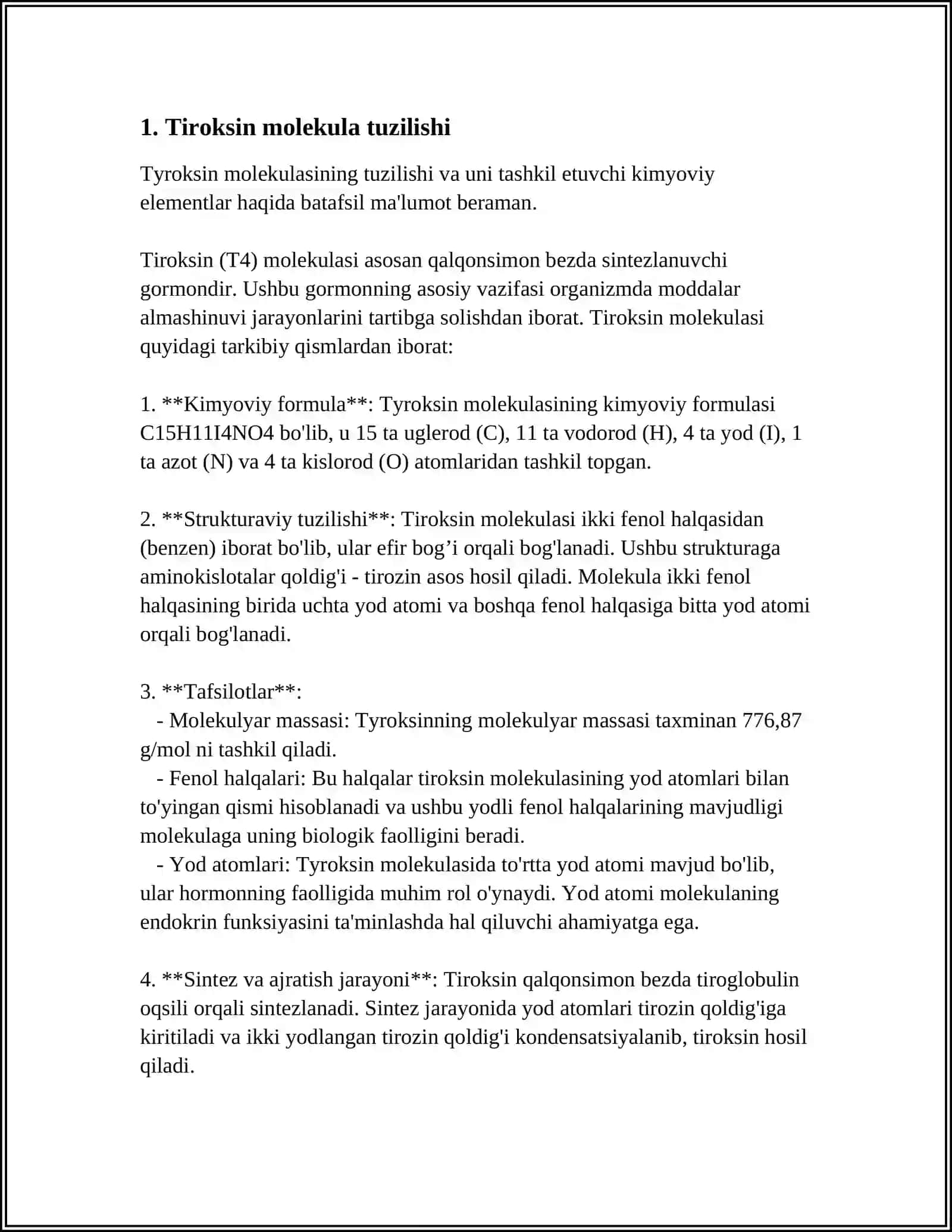TIROKSIN VA UNING BIRIKMALARINING MOLEKULA TUZILISHI,OLINISHI,XOSSALARI VA ISHLATILISHI 3