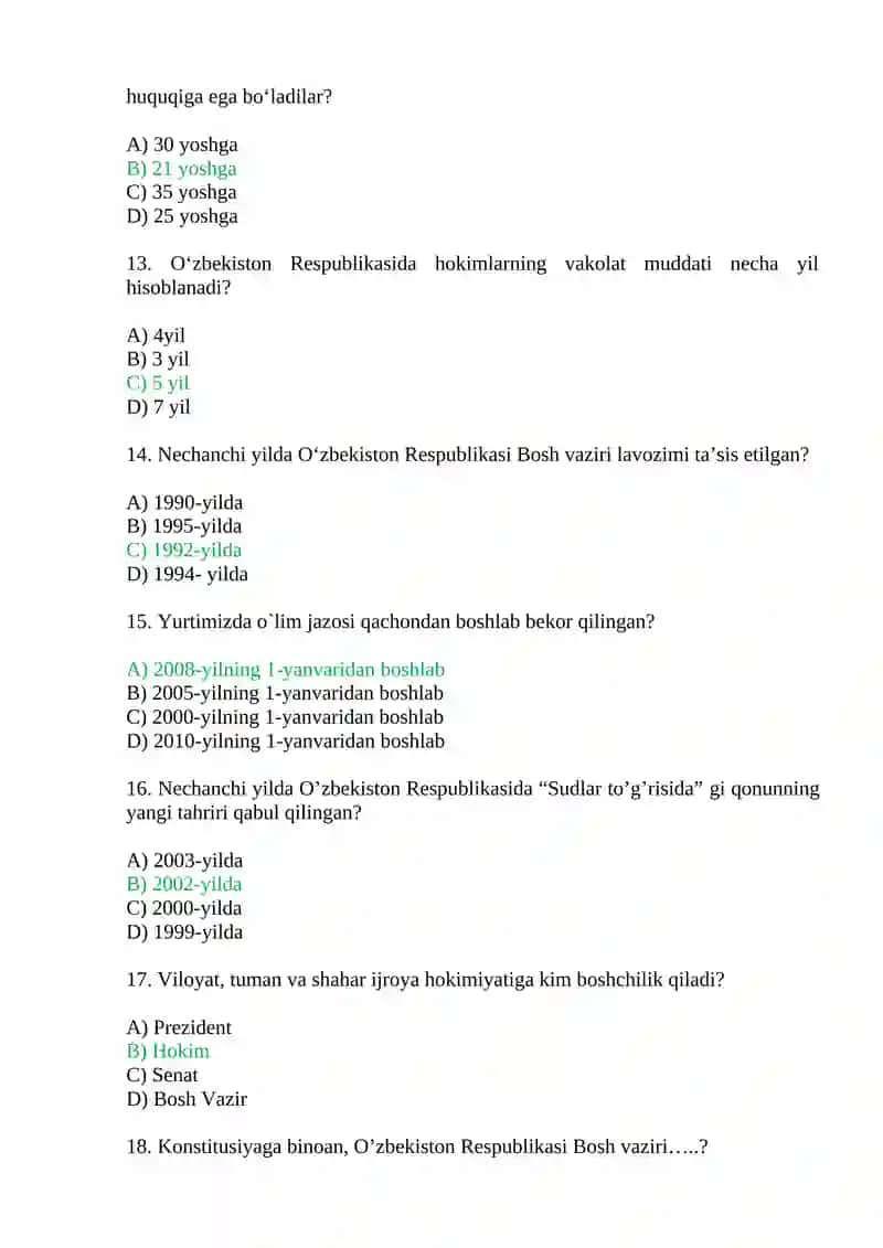 "O‘zbekistonda demokratik, fuqarolik jamiyati asoslarining shakllanishi" test savollari 3