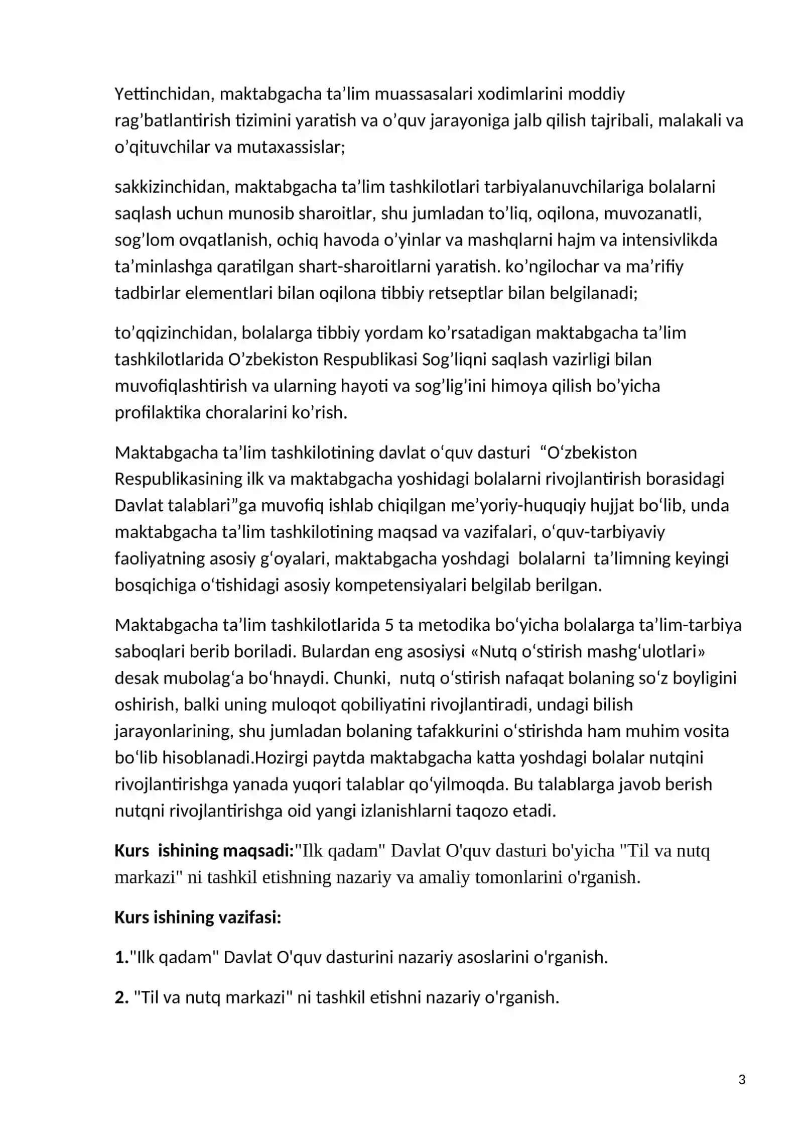 Ilk qadam" Davlat O'quv dasturi bo'yicha "Til va nutq markazi" ni Bolalar nutqini rivojlantirishning pedagogik pisixalogik xususiyatlaritashkil etish 3