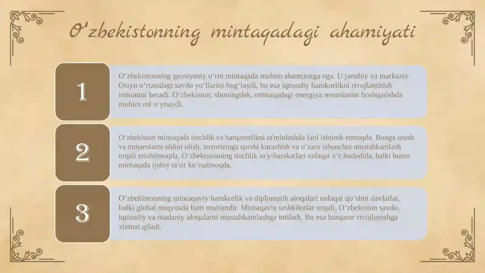 Oʻzbekistonning markaziy osiyo tinchlik va barqarorlikni taminlashdagi oʻrni 3