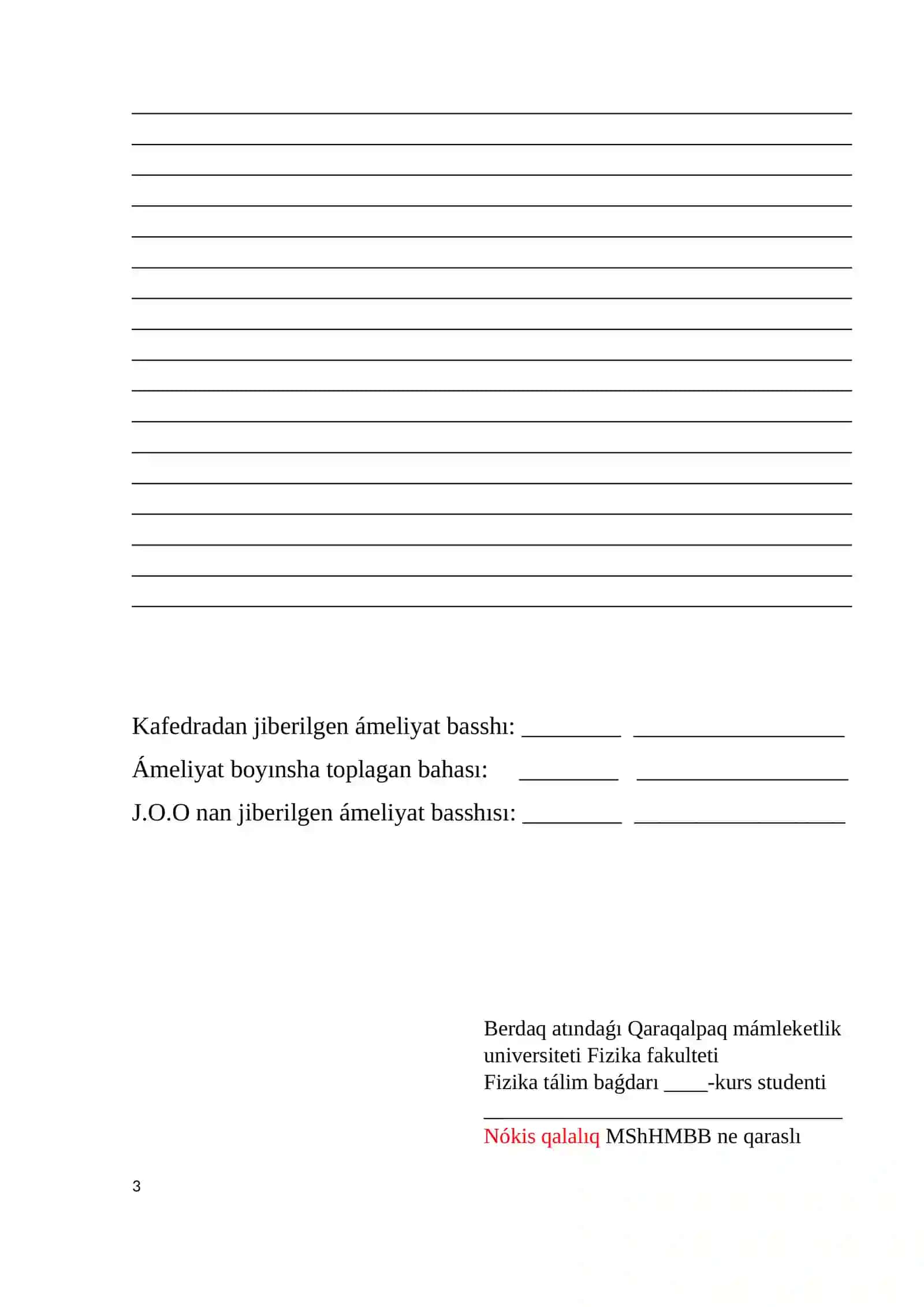 Nókis qalalıq __-sanlı ulıwma bilim beriw mektebindegi pedagogikalıq ámeliyatınıń ESABÍ 3