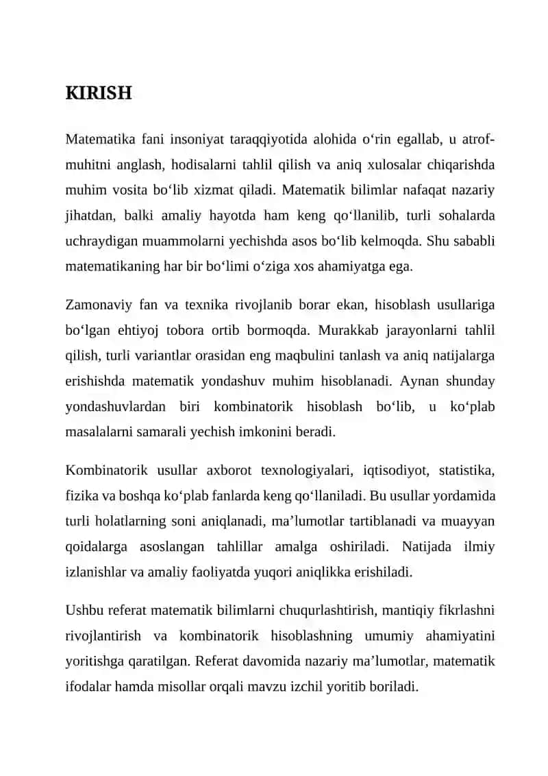 Kombinatorik hisoblashda o‘rinlashtirish va o‘rin almashtirish tushunchalari, Takroriy va takroriy bo‘lmagan o‘rinlashtirish va o‘rin almashtirishlar sonlarini hisoblash formuldari va ularga doir misollar. 3