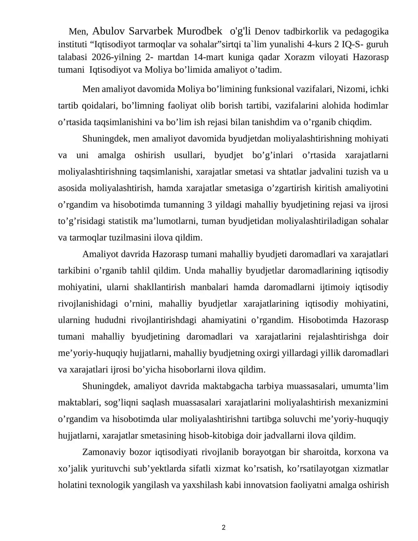 Xorazm viloyati Hazorasp tumani  Iqtisodiyot va Moliya bo’limi. Amaliyot hisoboti. 3
