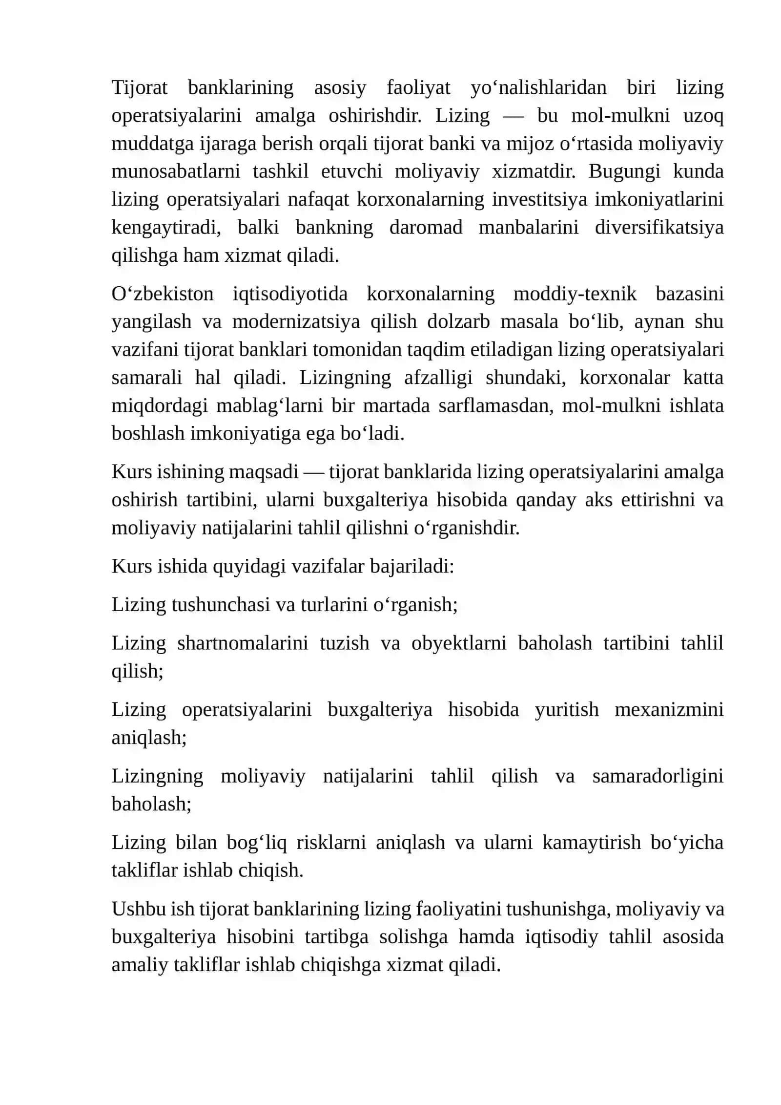 TIJORAT BANKLARI TOMONIDAN LIZING OPERATSIYALARINI AMALGA OSHIRISH VA BUXGALTERIYA HISOBINI YURITISH 3
