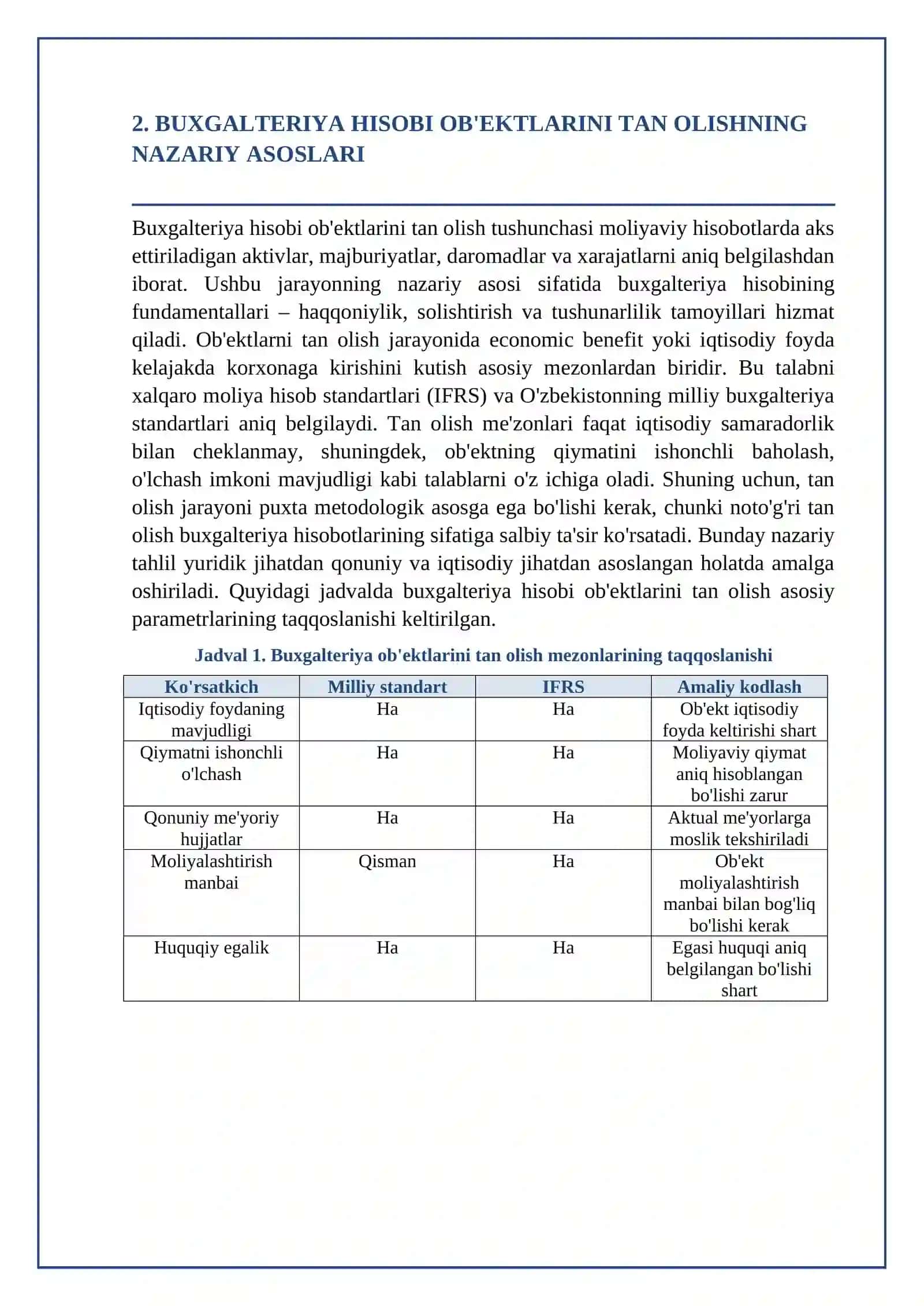 Buxgalteriya hisobi ob'ektlarini tan olishning mohiyati, me'zonlari va tartibi 3