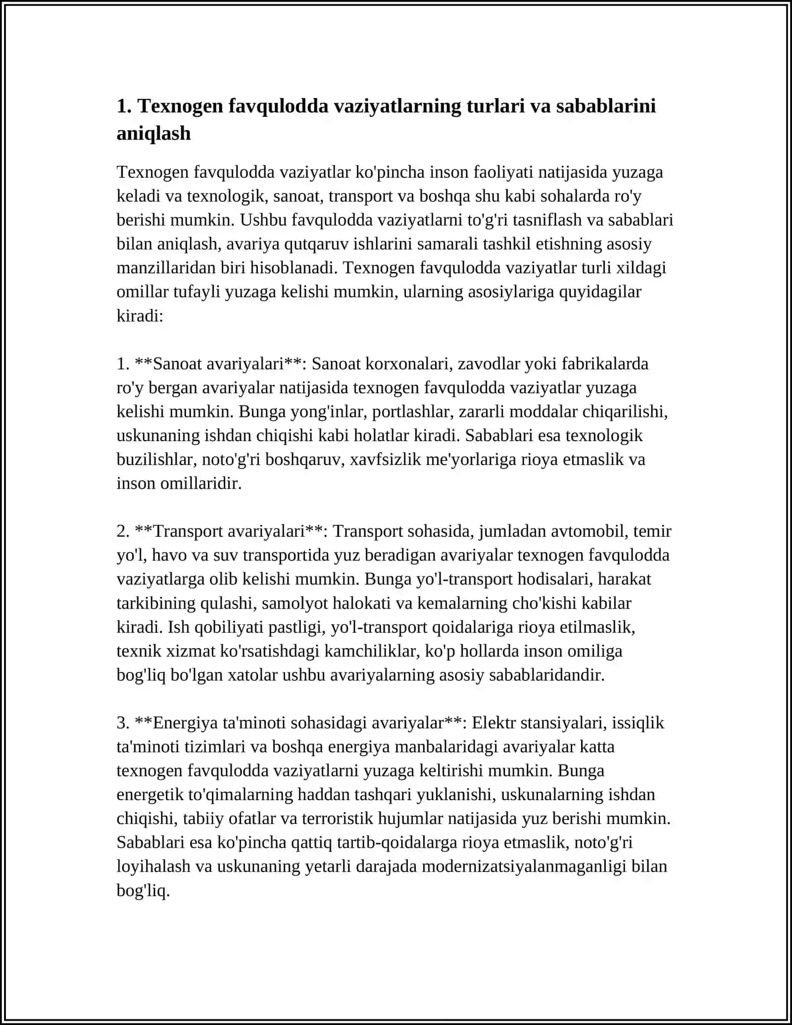 TEXNOGEN TUSDAGI FAVQULODA VAZIYATLARDA AVARIYA QUTQARUV ISHLARINI AMALGA OSHIRISH 3