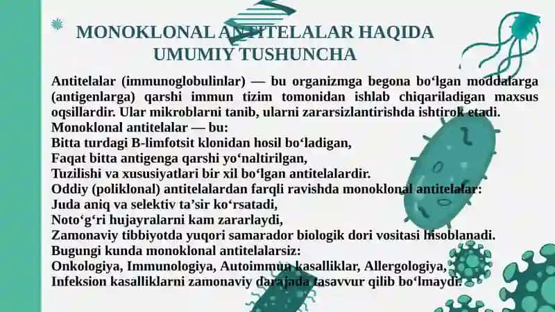 MONOKLONAL ANTITELALAR, ULARNI OLINISHI, TIPLARI VA AMALIYOTDA QO’LLANILISH. SITOKINLAR, 3