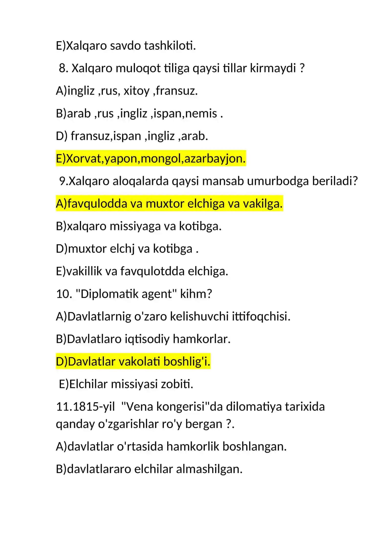 Xalqaro savdo va diplomatiya tarixi fanidan test 3
