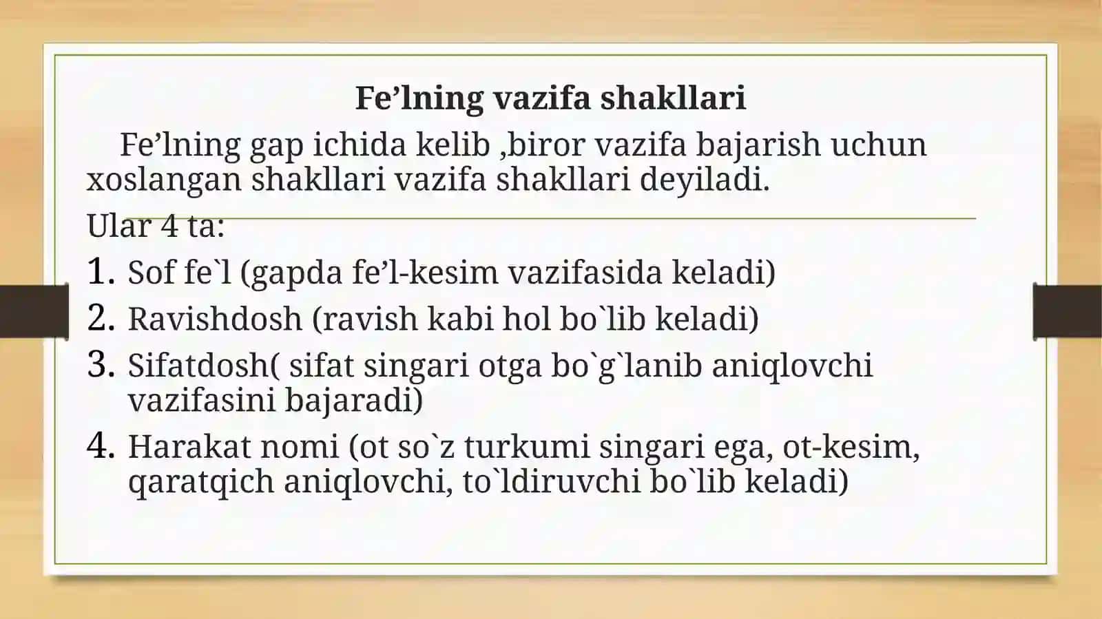 Fe'llar vazifalar shakllari ravishdosh sifadosh va harakati nomi 3