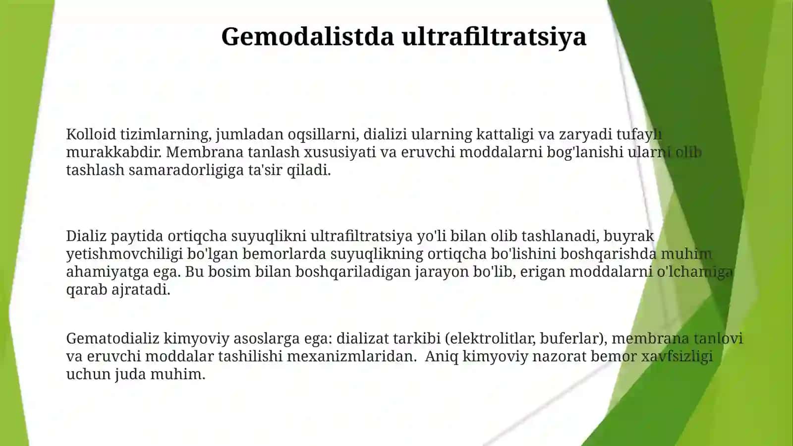 Kolloid sistemalarni dializ yo'li bilan tozalash. Gemodializni o'tkazishda kimyoning ahamiyati 3
