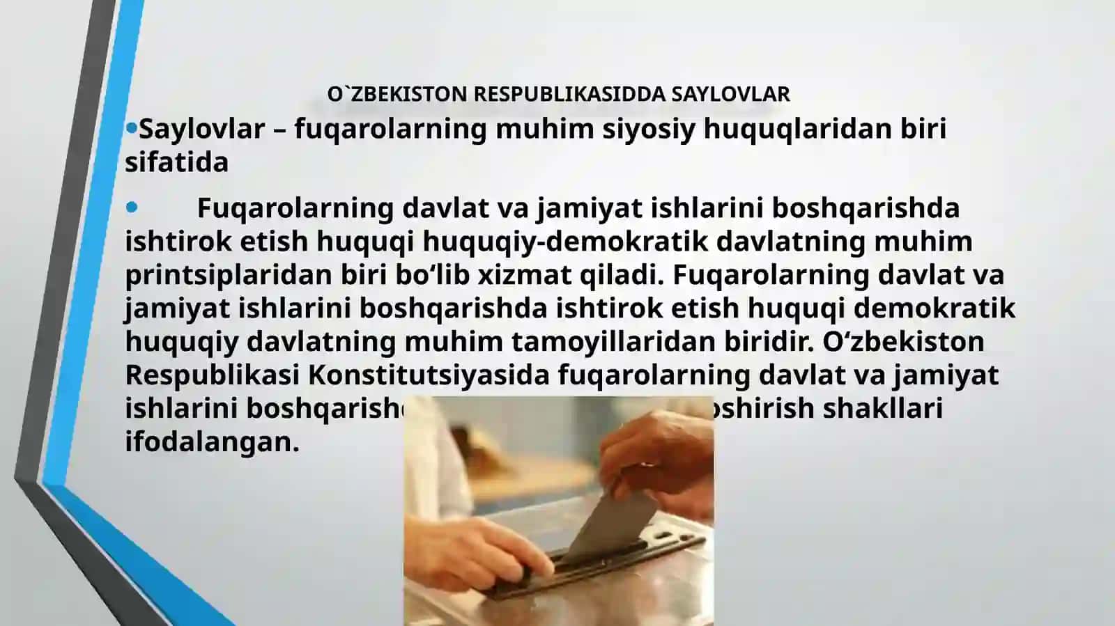 Saylov tizimi tushunchasi. Oliy majlis – O`zbekiston respublikasining oliy vakillik organi va qonun chiqaruvchi organ. 3