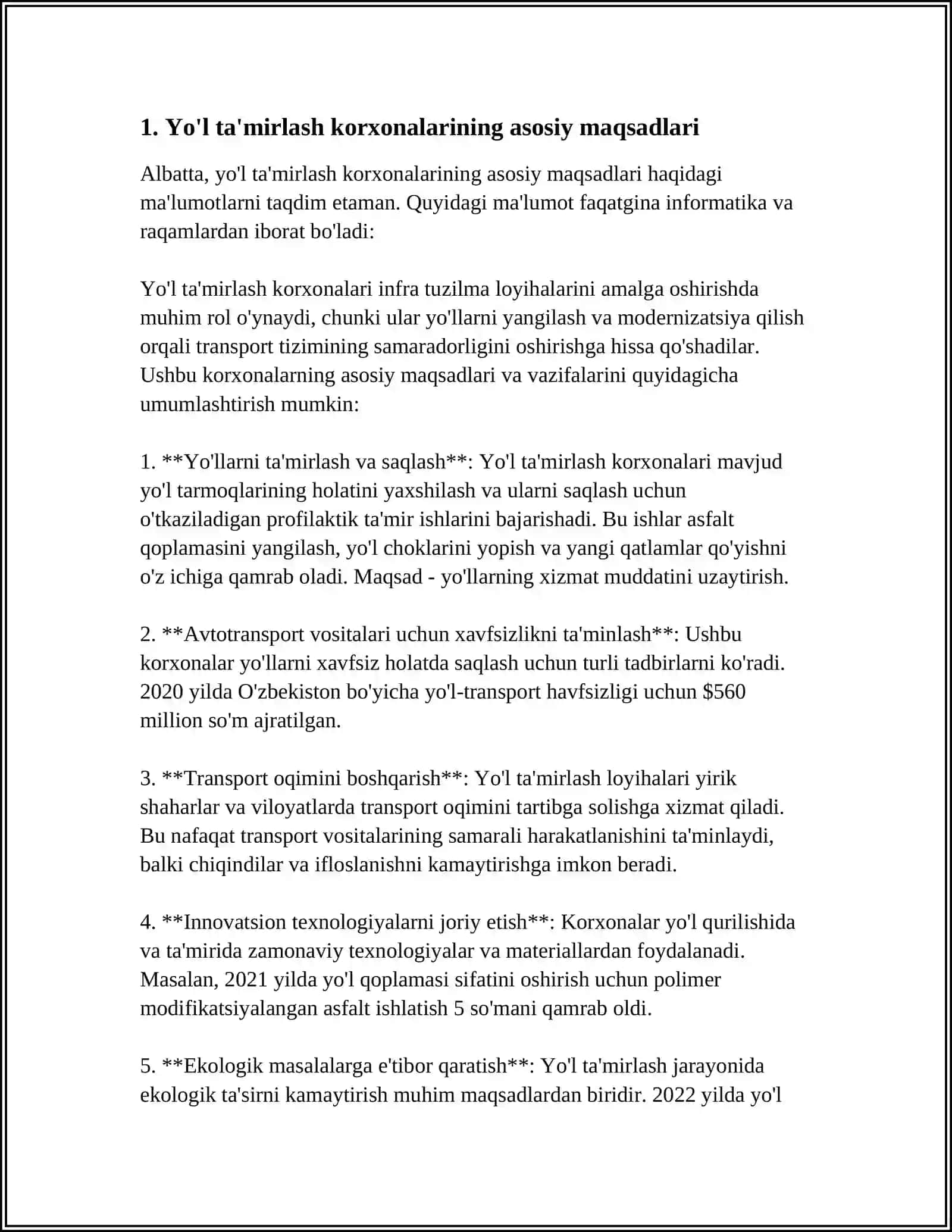 AVTOMOBIL YO'LLARINI TA'MIRLASH VA SAQLASH KORXONALARINING ASOSIY VAZIFALARI VA ULARNING STRUKTURASI 3