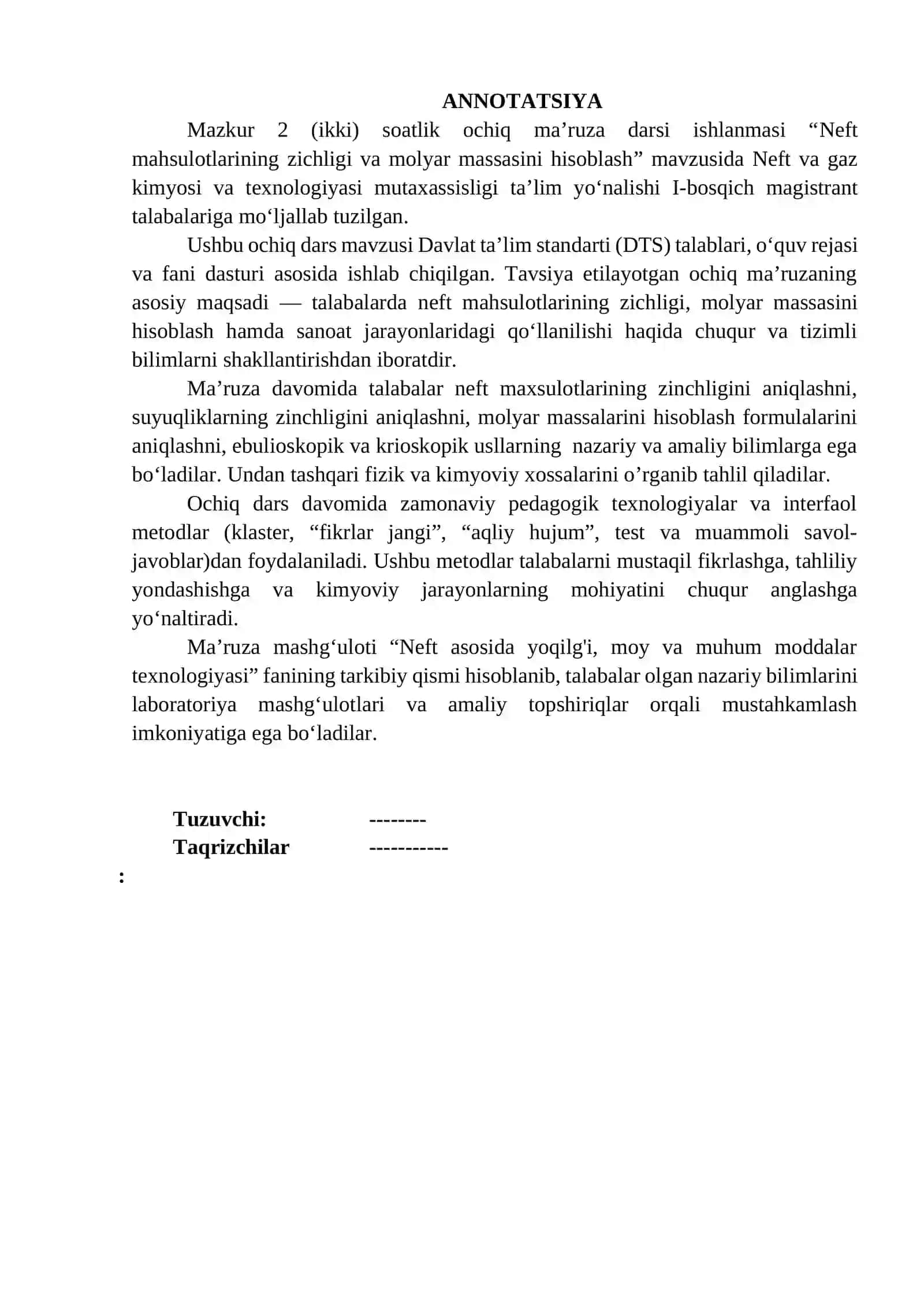 Neft mahsulotlarining zichligi va molyar massasini hisoblash. ochiq dars ishlanma 3