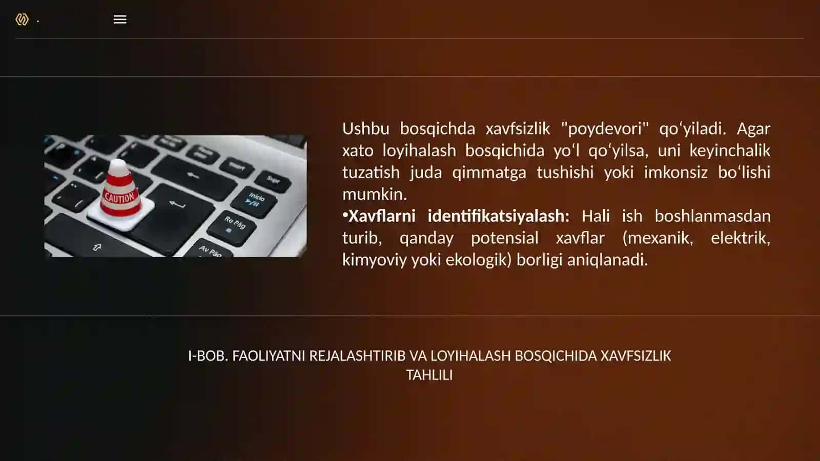 “Faoliyatning turli bosqichlarida xavfsizlik shartlarini tahlil qilish” 3