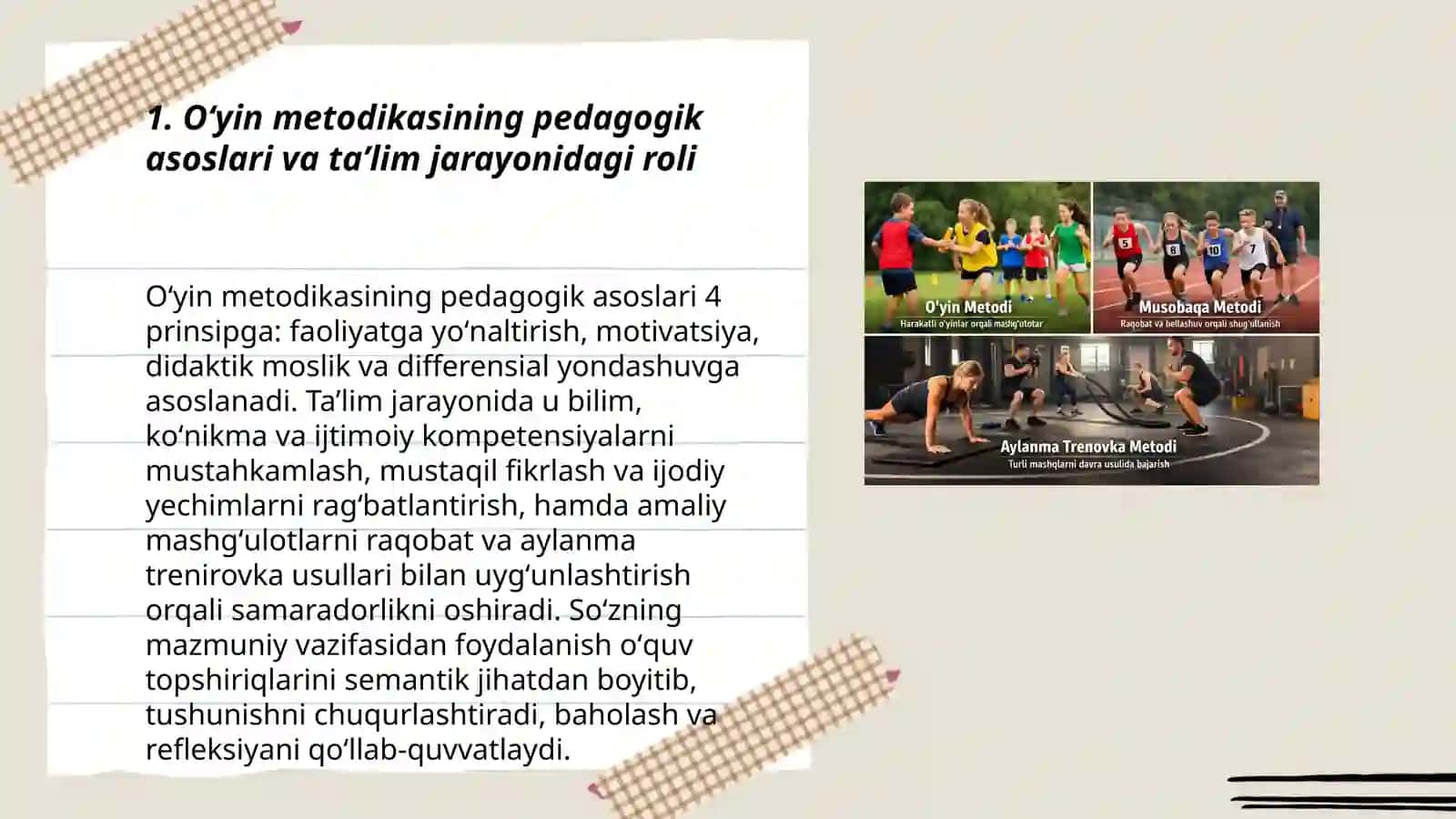 Oʻyin, musobaqa va aylanma trenovka metodlaridan foydalanishni ahamiyati, soʻzning mazmuniy vazifasidan foydalanish metodikasi 3