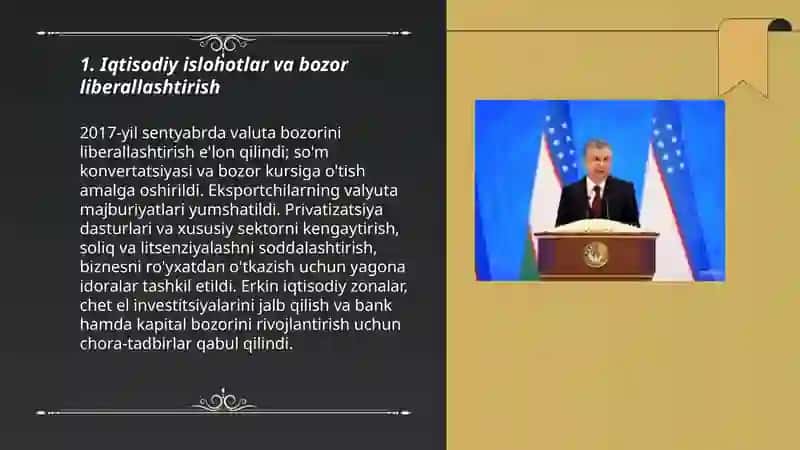 Yangi Oʻzbekistonda Prezident Sh.M.Mirziyoyev rahbarligi va tashabbusi ostida amalga oshirilayotgan islohotlar 3
