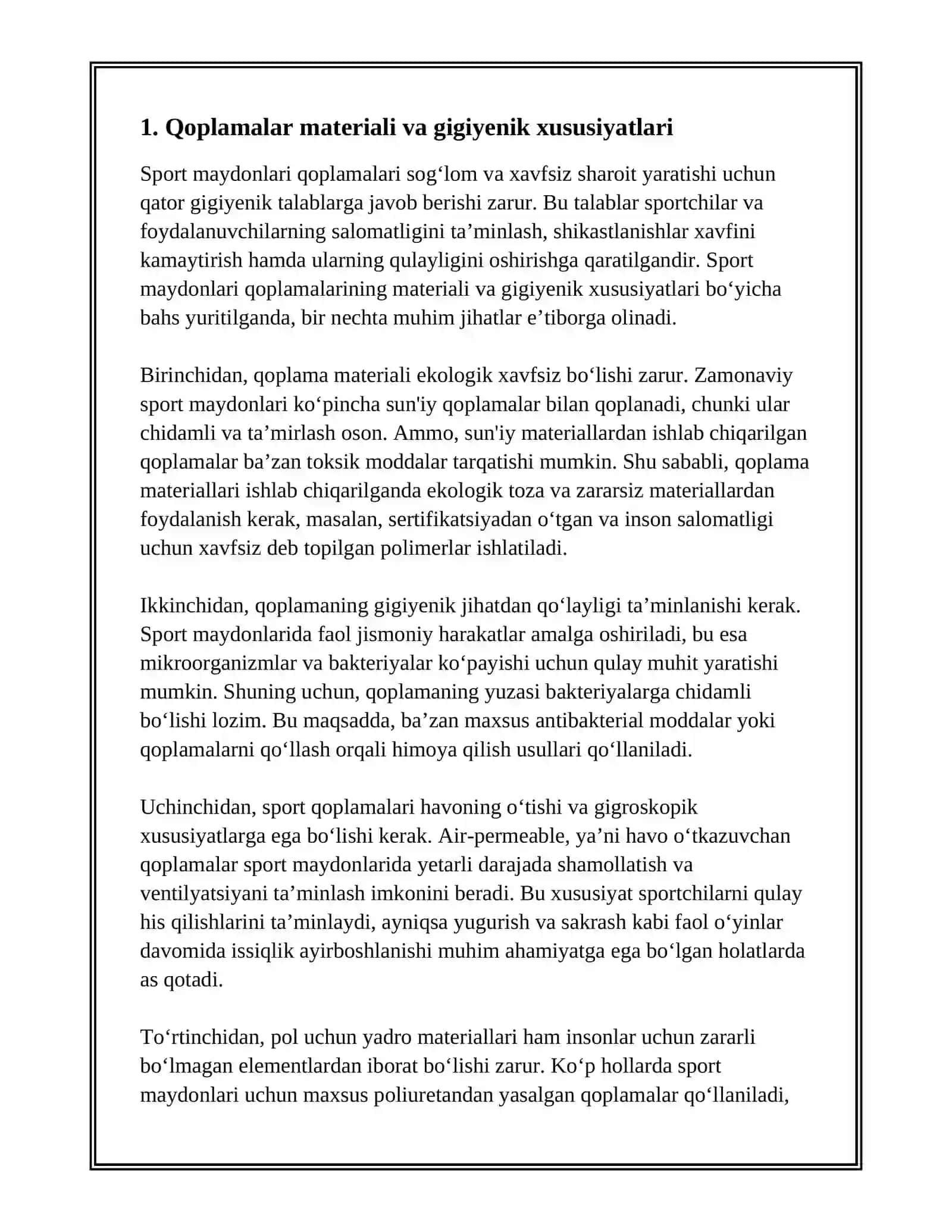 SPORT MAYDONLARI QOPLAMALARIGA QO‘YILADIGAN GIGIYENIK TALABLAR 3