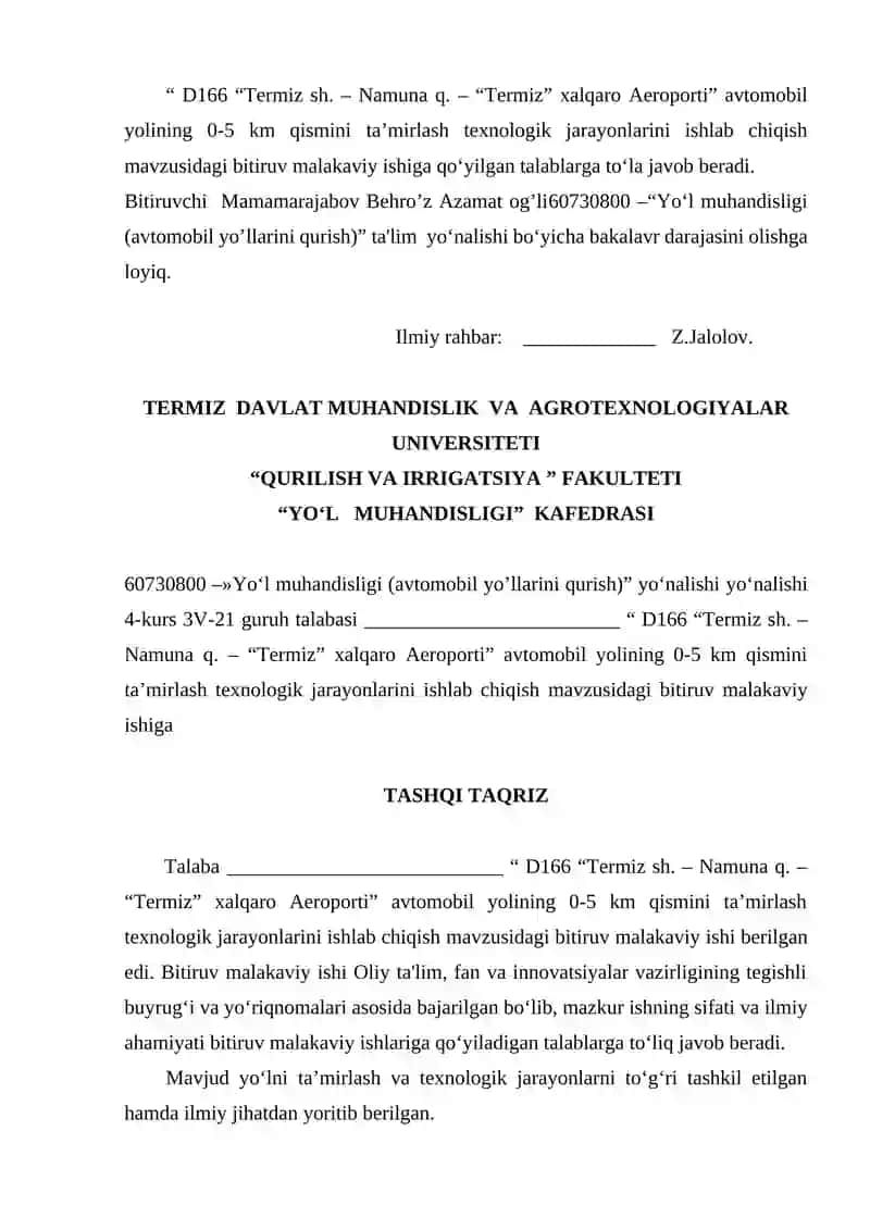 D166 “Termiz shahri”- Namuna q –“Termiz xalqaro Aeroporti” avtomobil yo’lining 0-5 km qismini ta’mirlash texnologik jarayonlarini ishlab chiqish 3