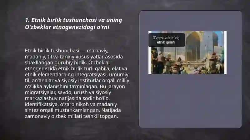 O'zbek xalqining kelib chiqishida etnik birlikning o'rni. Qabila, elat va millat Nortojiyeva Sevinch 3