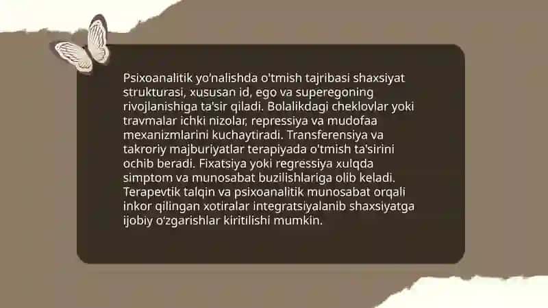 O'tmish va bugunning individual tajribasini baholash holatlari turli xil psixologik yo‘nalishlarga uning ta'siri 3