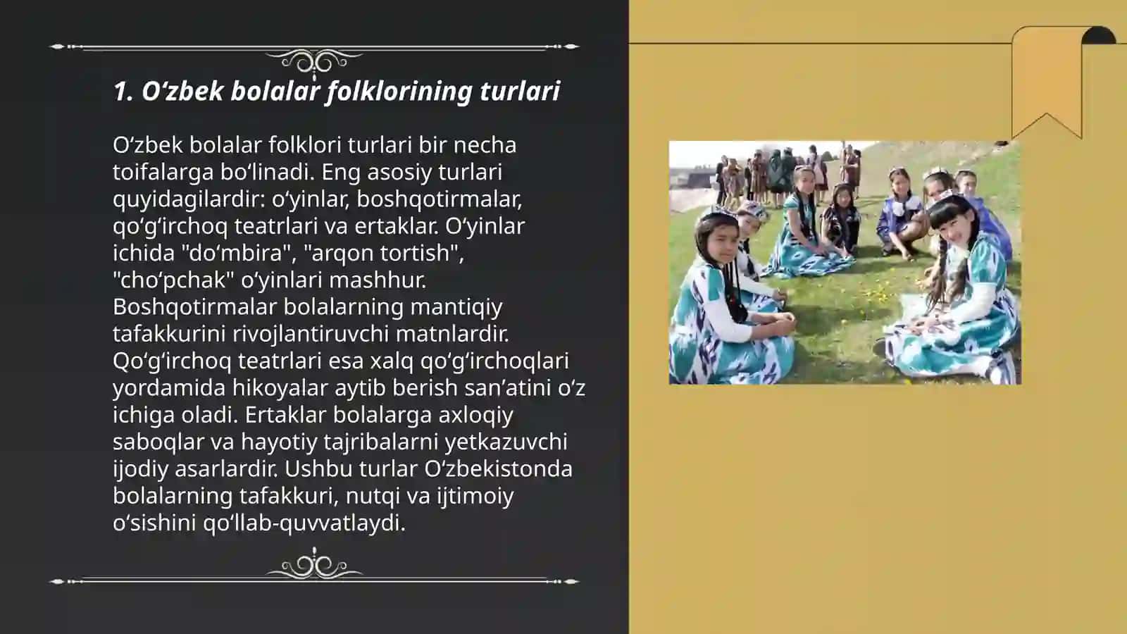 Oʻzbek bolalar folklorini tahlil qilish va unga misollar keltirish 3