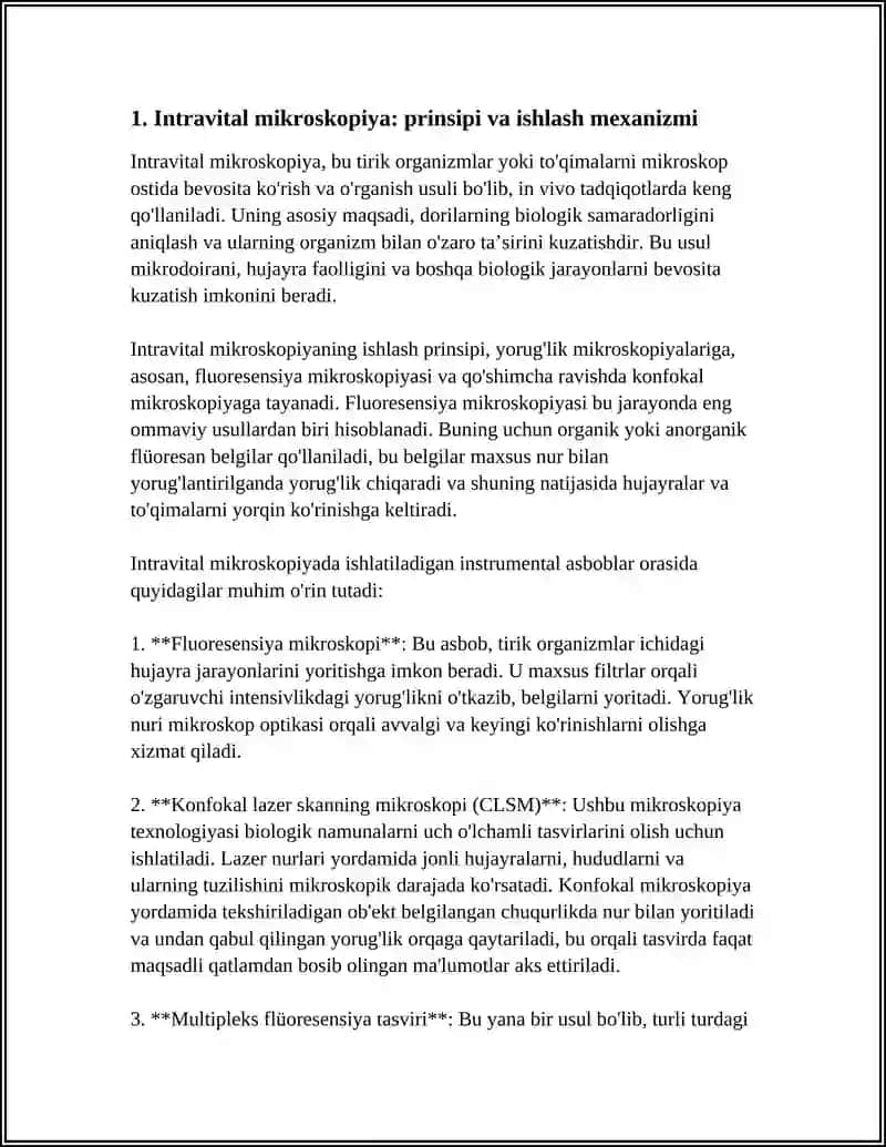 IN VIVO” USULIDA DORILARNING BIOSAMARADORLIGINI O‘RGANISHDA ISHLATILADIGAN INSTRUMENTAL ASBOBLAR VA ULARNI ISHLASH MEXANIZMI; 3