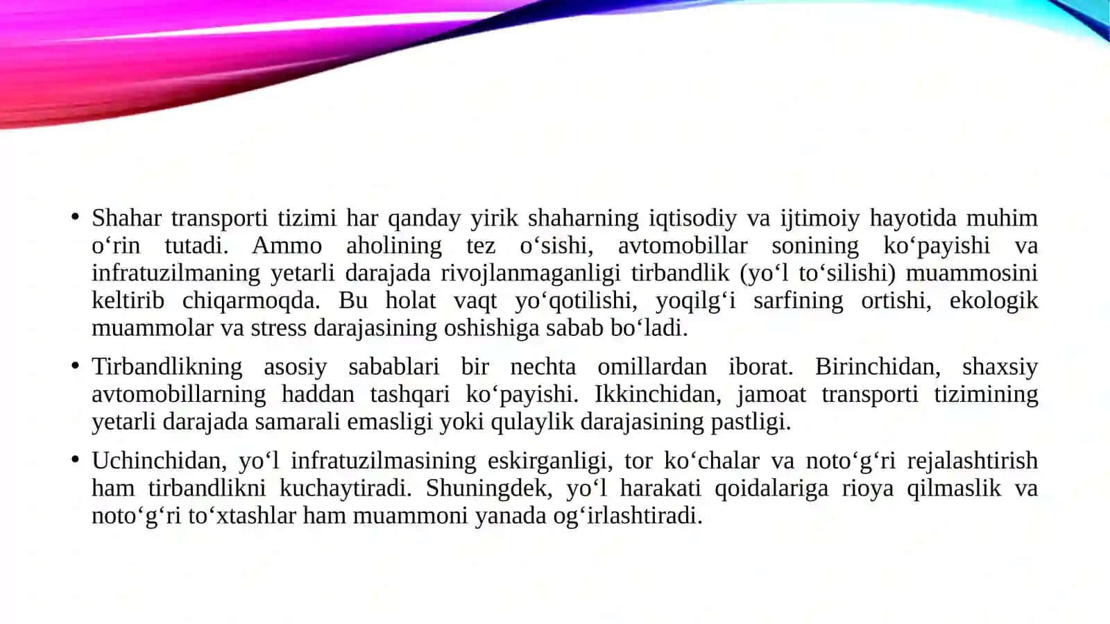 Shahar transportida tirbandlik muammolari va ularni kamaytirish usullari 3