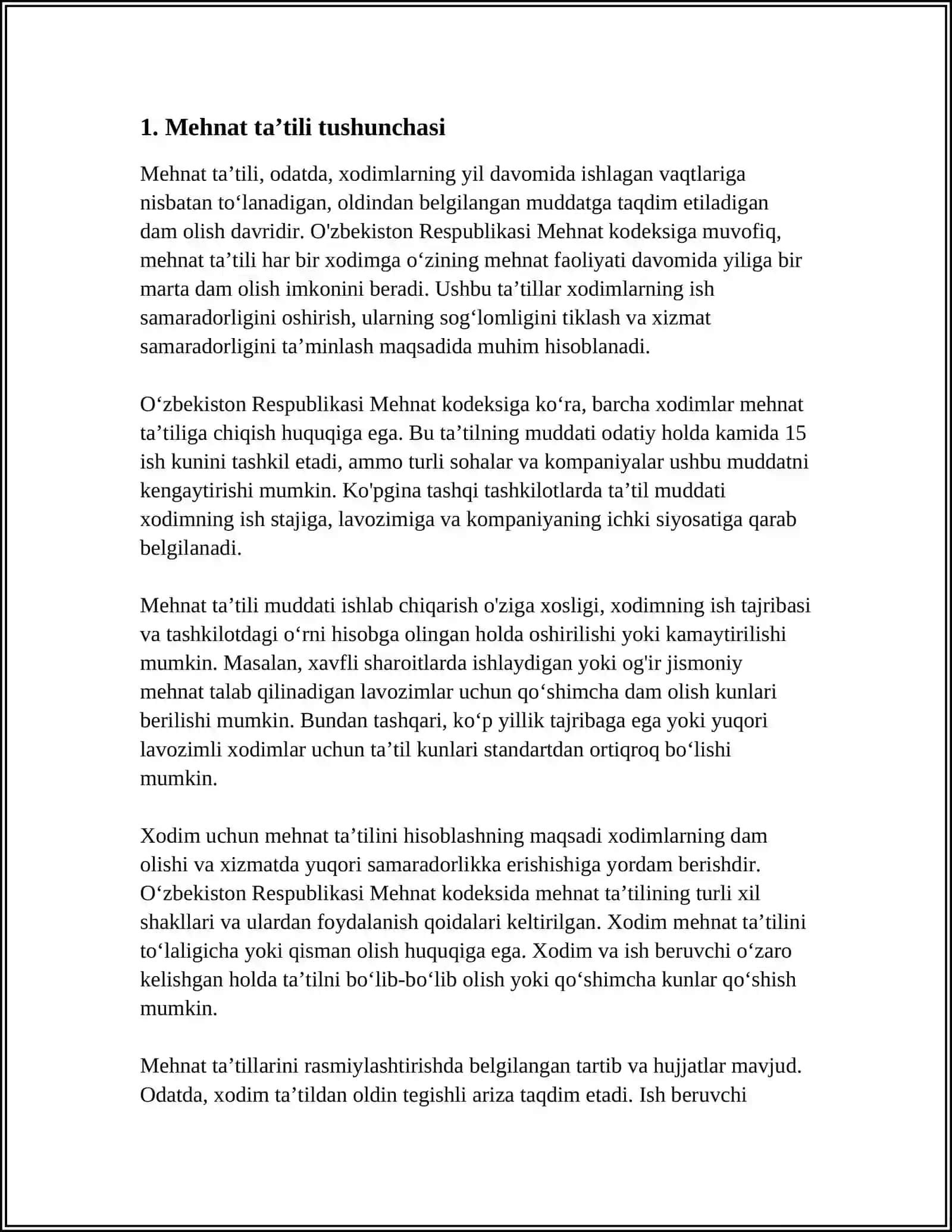 MUSTAQIL ISH Mavzu: MEHNAT TA’TILI, XIZMAT SAFARI VA VAQTINCHA MEHNATGA QOBILIYATSIZLIGI BO‘YICHA NAFAQA PULINI HISOBLASH 3
