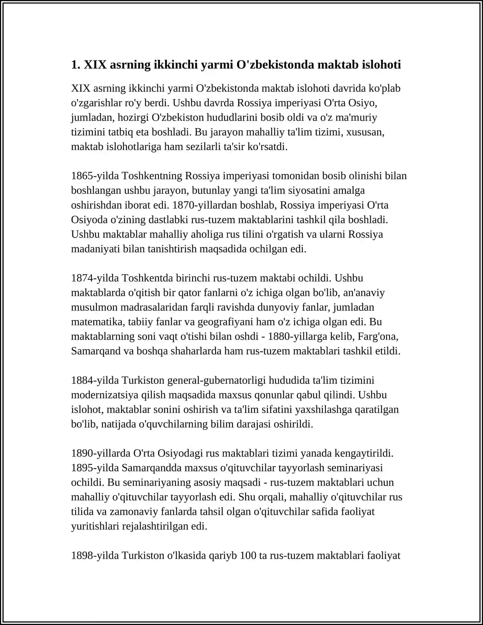 XIX ASRNING IKKINCHI YARMI-XX ASRNING 1-CHORAGIDA TURKISTON O’LKASIDA TARBIYA, MAKTAB VA PEDAGOKIK FIKRLAR 3