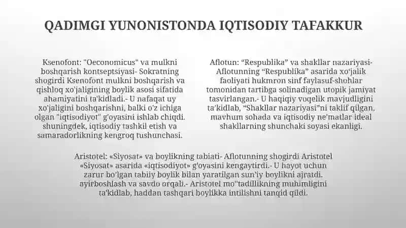 Qadimgi Dunyo, Feodal Jamiyati Va Ilk Kapitalizmning Iqtisodiy TaʼLimotlari BoʻYicha 3