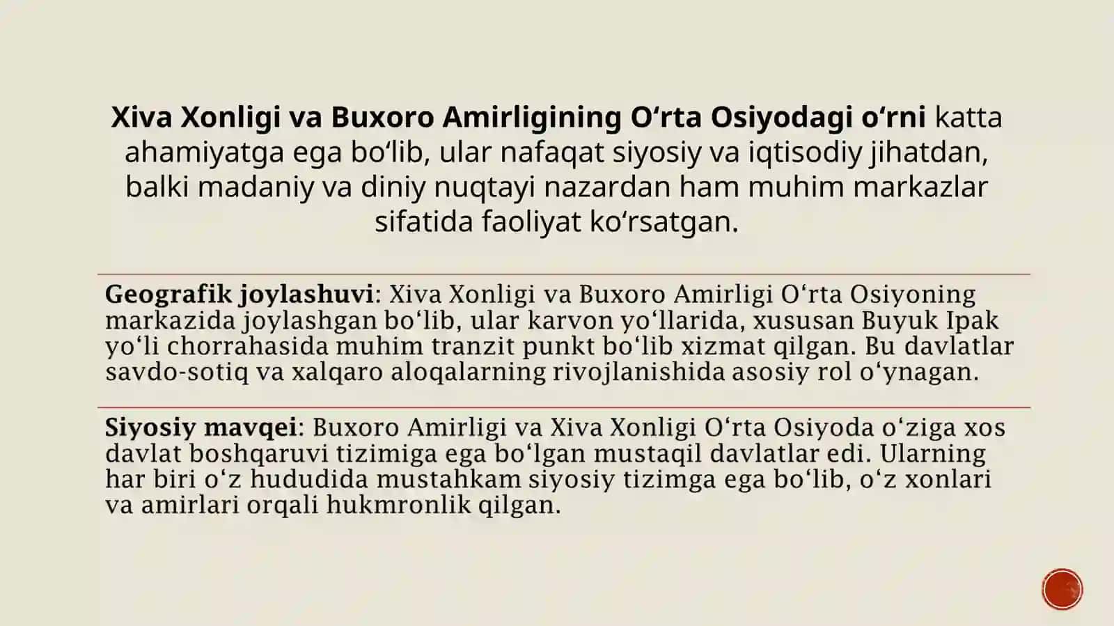Xiva Xonligi va Buxoro Amirligining O‘rta Osiyodagi o‘rni 3