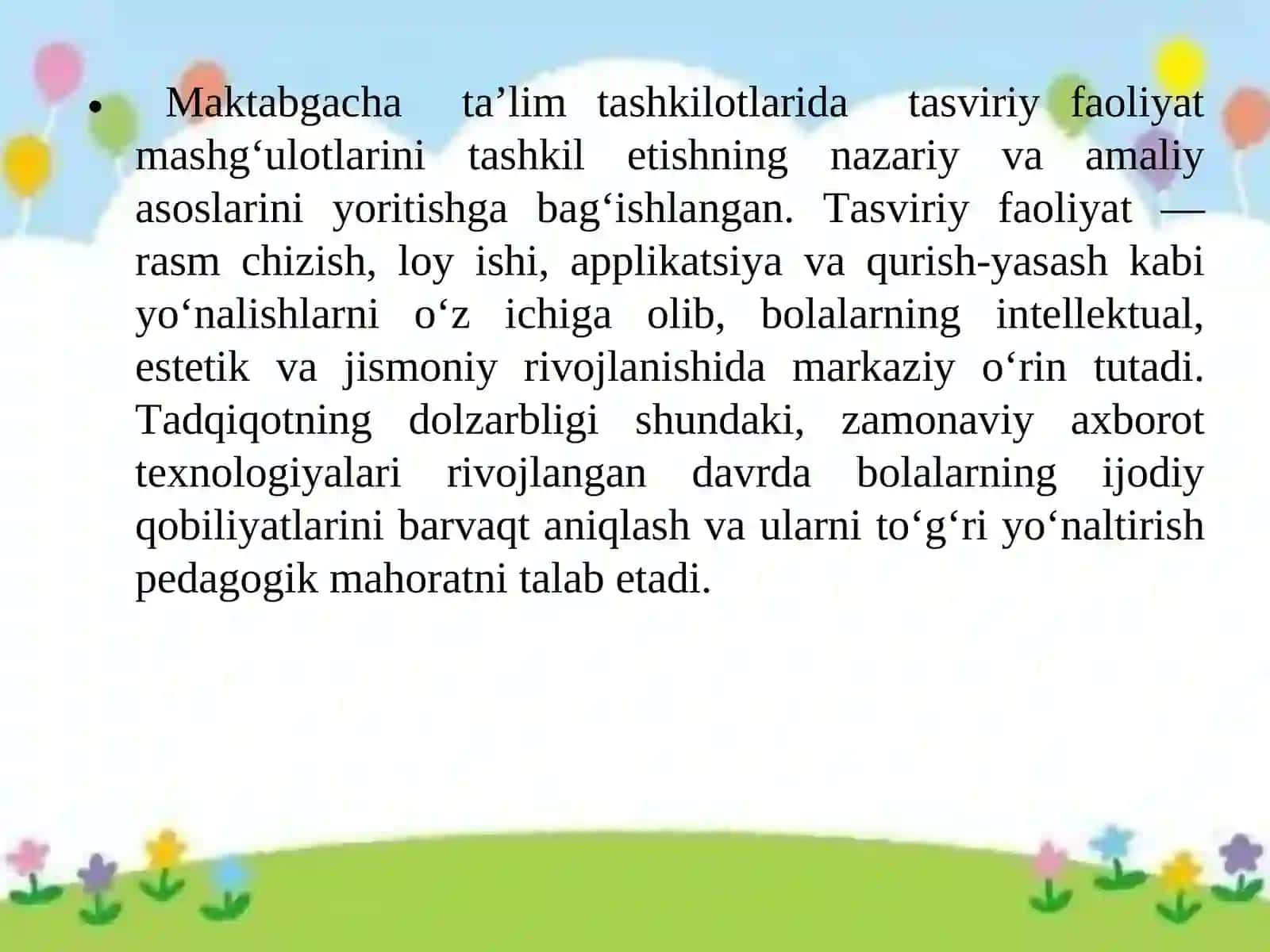 loyiha ishi Maktabgacha ta’lim tashkilotida  Tasviriy faoliyat mashg’ulotlarini tashkil etish usullari 3